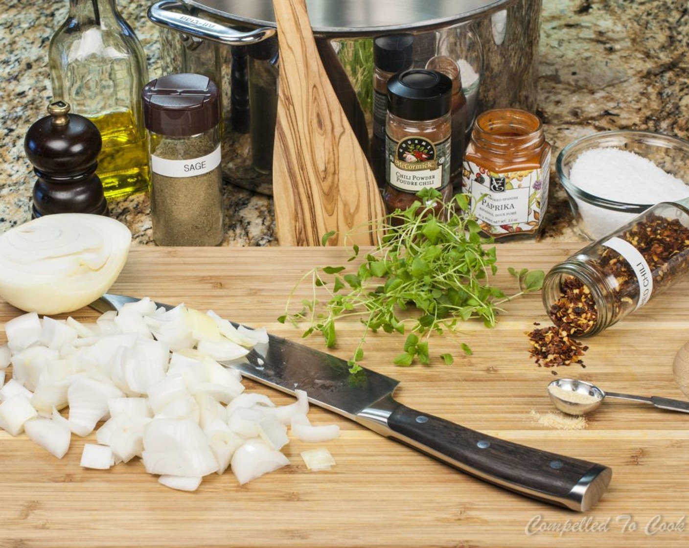 step 7 Peel and chop Onion (1) into 1/2-inch chunks. Heat 2 tbsp olive oil in a large soup pot or dutch oven over medium heat, add onion and sauté until starting to soften, approximately 5 minutes.