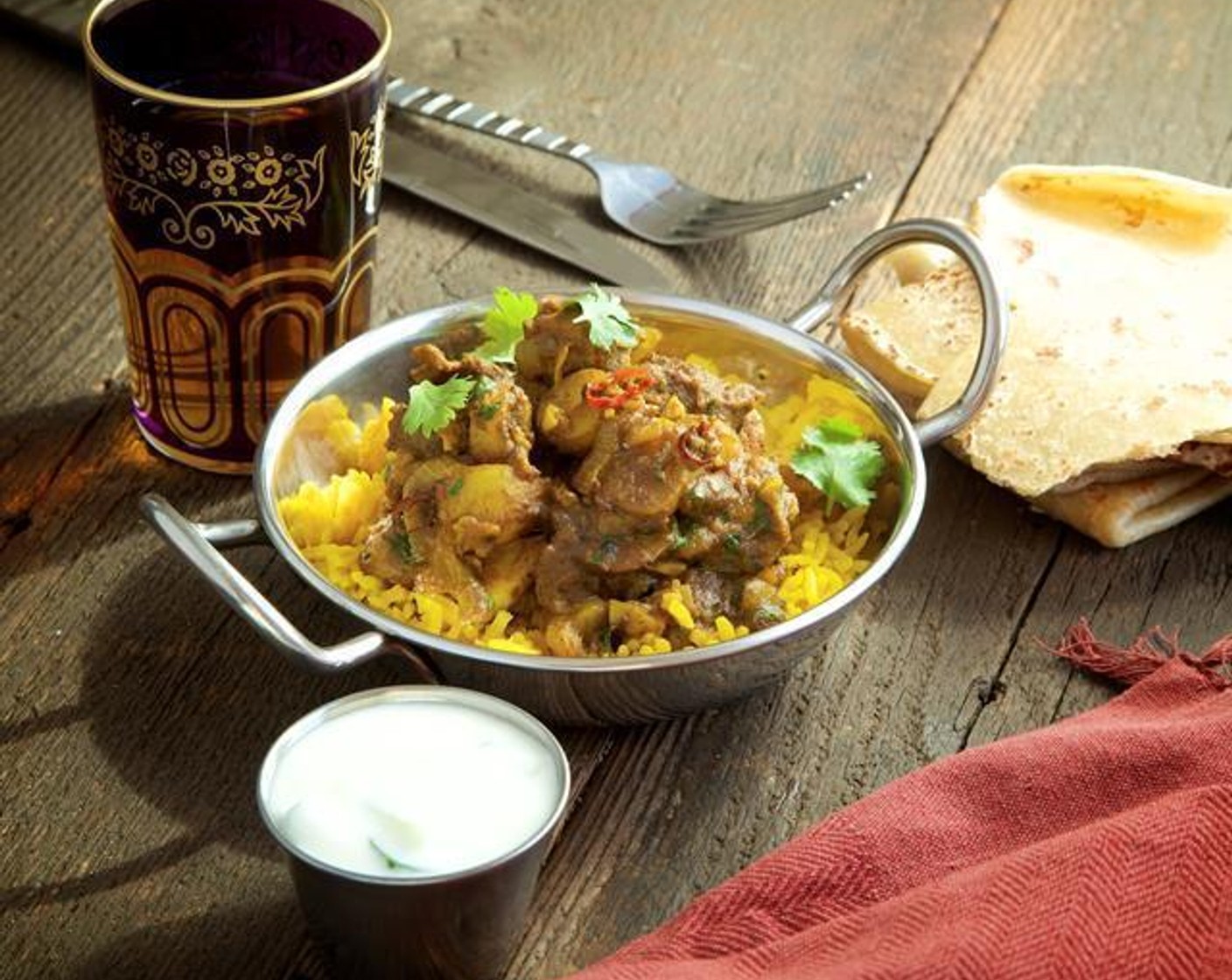 Lamb Curry and Turmeric Rice with Cucumber Raita