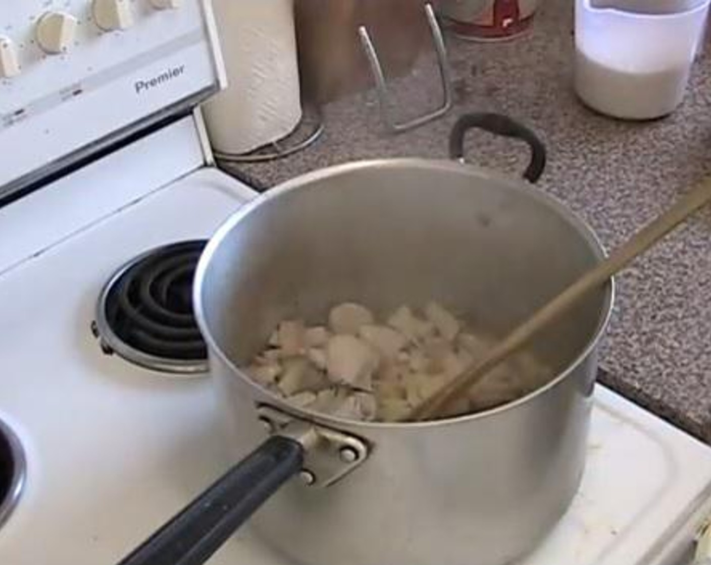 step 1 Inside a Pot melt the Butter (1 Tbsp) with some Olive Oil (1 Tbsp). Add the Yellow Onion (1), Thick-Cut Bacon (2), Boneless, Skinless Chicken Thighs (3) into the pot and cook over medium heat for 3 minutes.