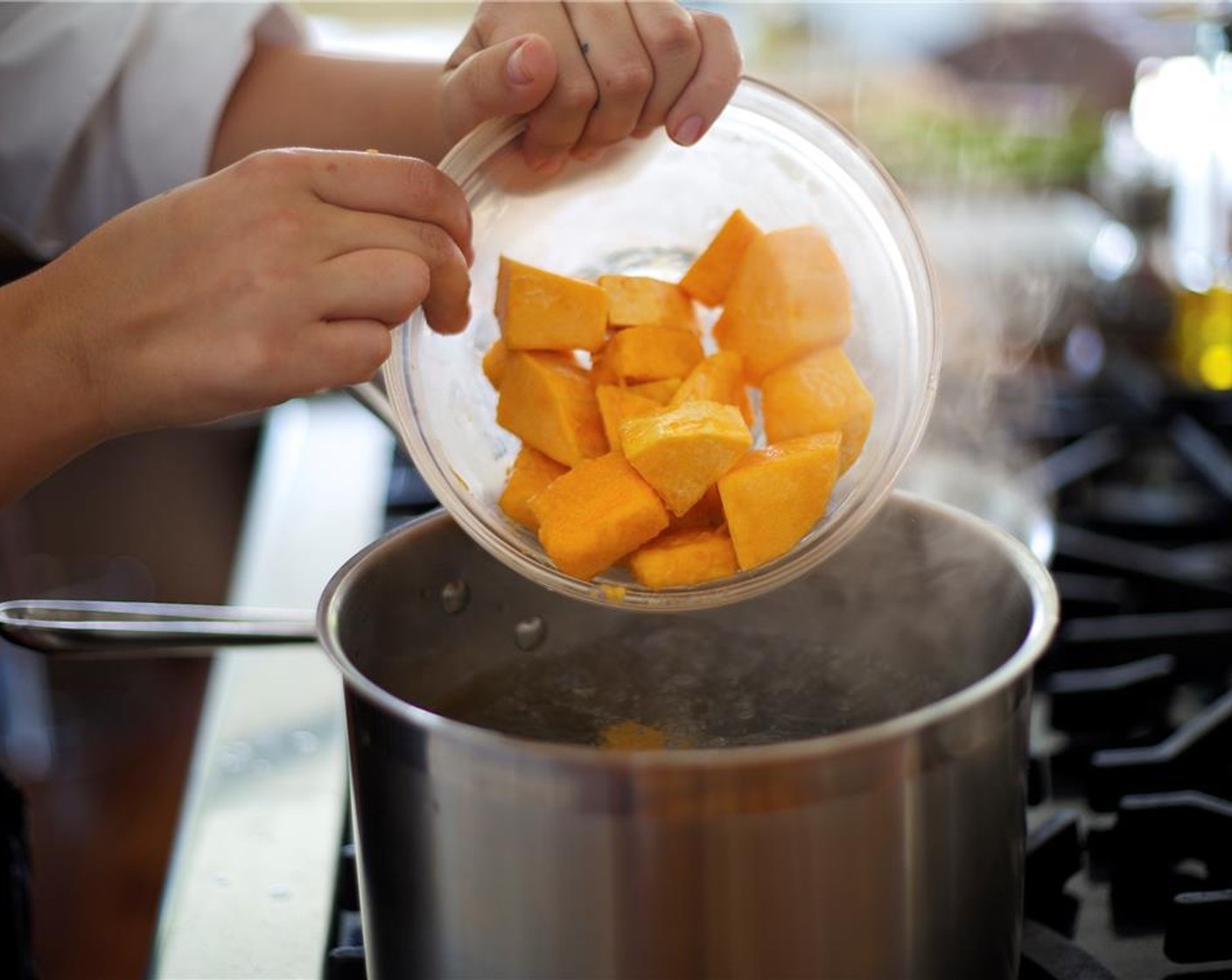 step 1 Place the BButternut Squash (2 1/2 cups) in a medium saucepan and cover with cold water. Bring to a boil and then lower to a simmer. Cook for approximately 10 minutes until fork tender.
