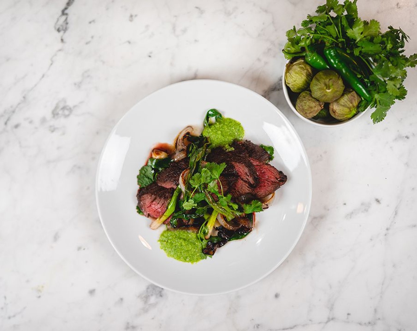 Cast Iron Steak, Charred Onions & Salsa Verde