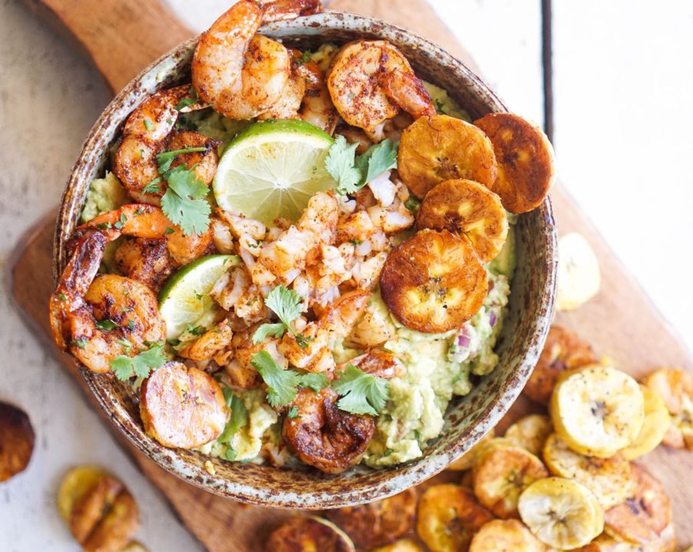 Loaded Guacamole with Chili Shrimp and Roasted Plantains