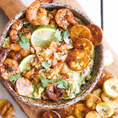 Loaded Guacamole with Chili Shrimp and Roasted Plantains Recipe | SideChef