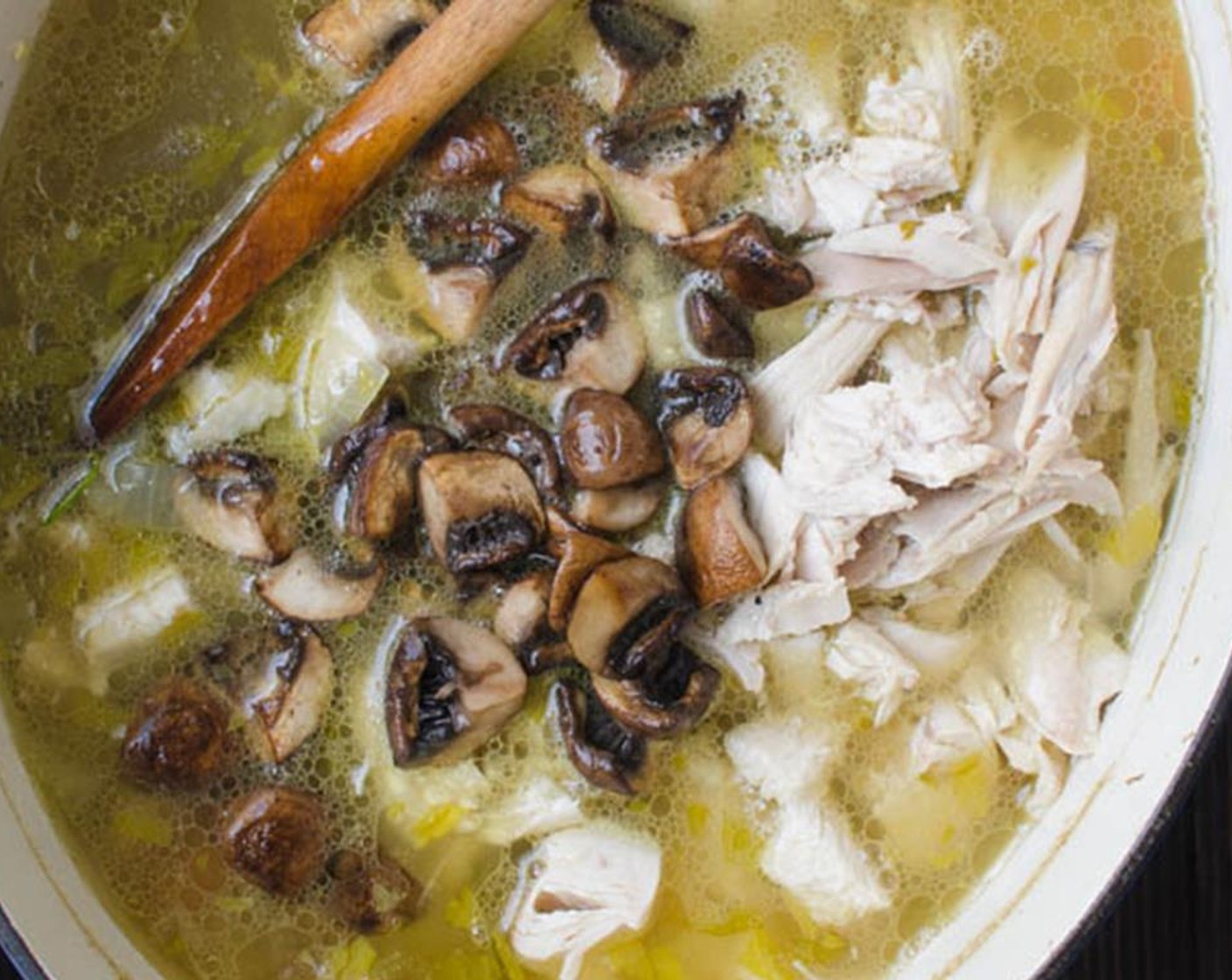 step 7 Transfer the  chicken back to the pot and stir in the quartered mushrooms. Place the pot back on the stove and hold it covered at a low simmer.