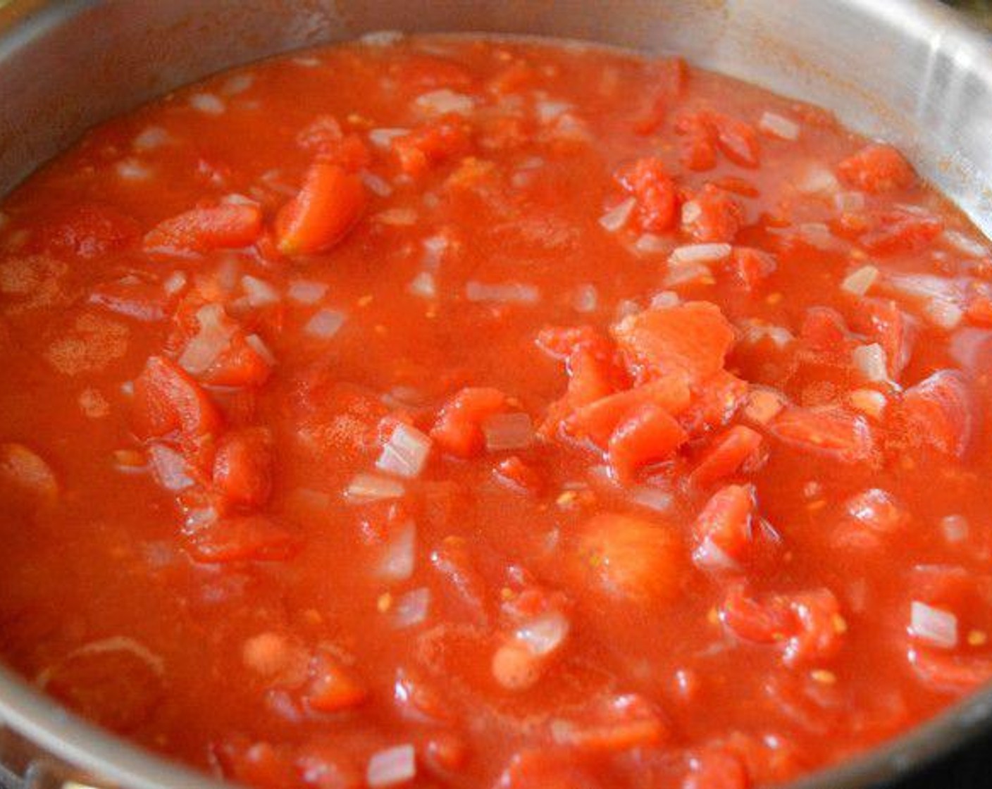 step 2 Add the White Onion (1) and Canned Diced Tomatoes (2 cans) and let it all come to a gentle boil.  Let the mixture simmer for 25 minutes so it can reduce and thicken.