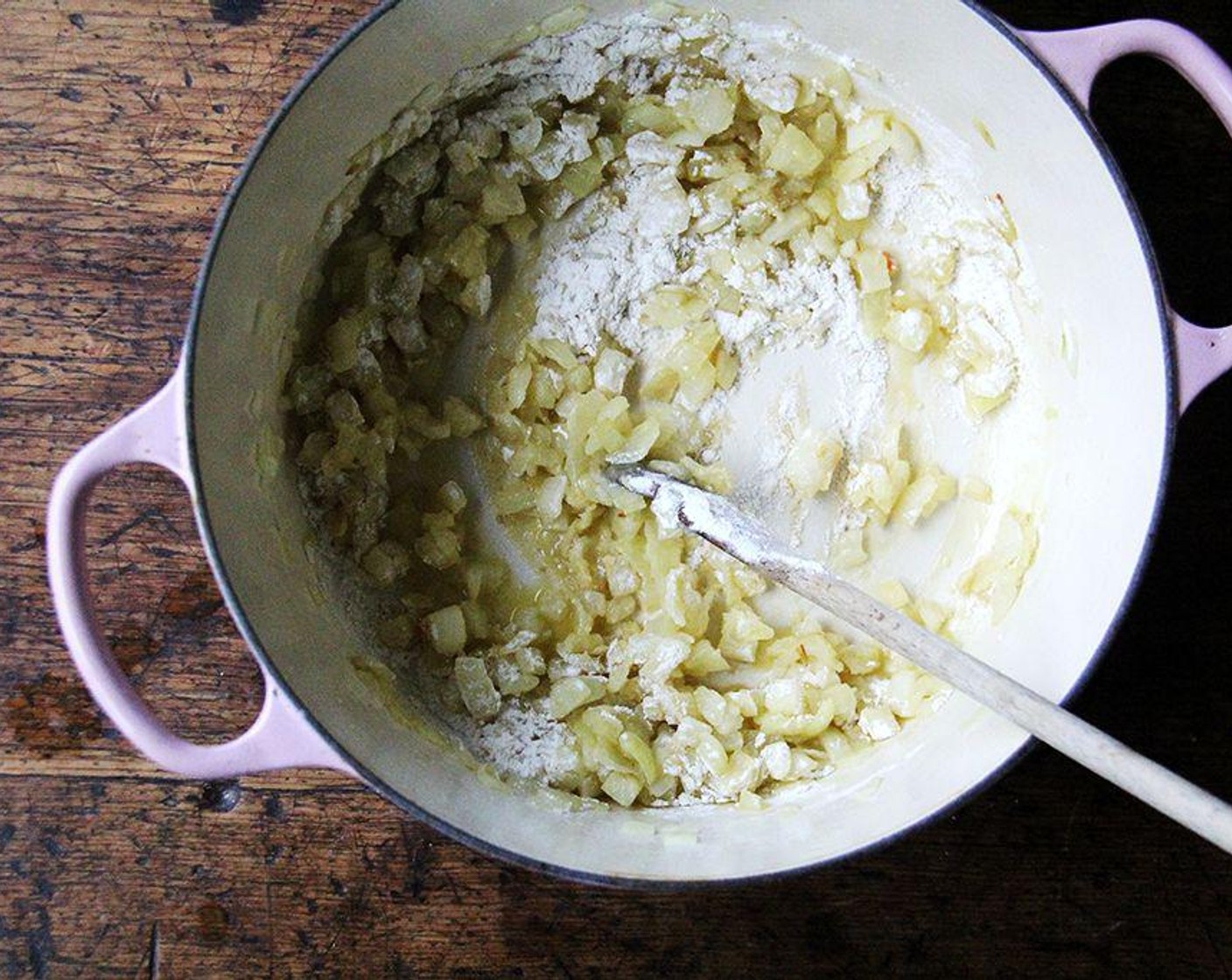 step 3 Sprinkle with All-Purpose Flour (1/2 cup) and stir. Add the Water (10 cups) stirring rapidly with a wire whisk.