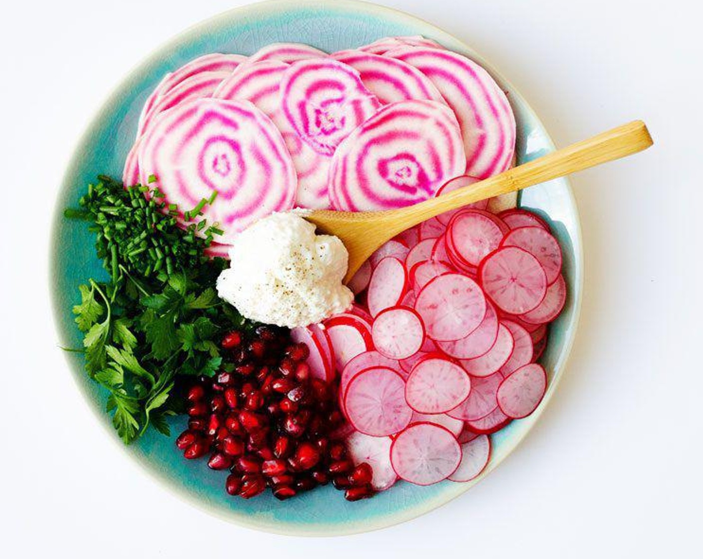 step 1 Thinly slice the Beet (1) and Radish (1 bunch) and chop the Fresh Chives (2 Tbsp) and FFresh Parsley (2 Tbsp).