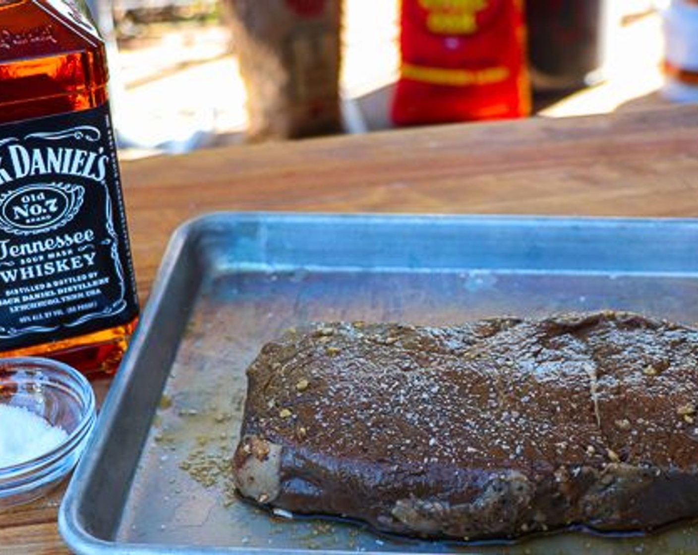 step 4 Remove steak from marinade and drain excess liquid. Season both sides with Kosher Salt (1 Tbsp) and rest at room temp for 20-30 minutes
