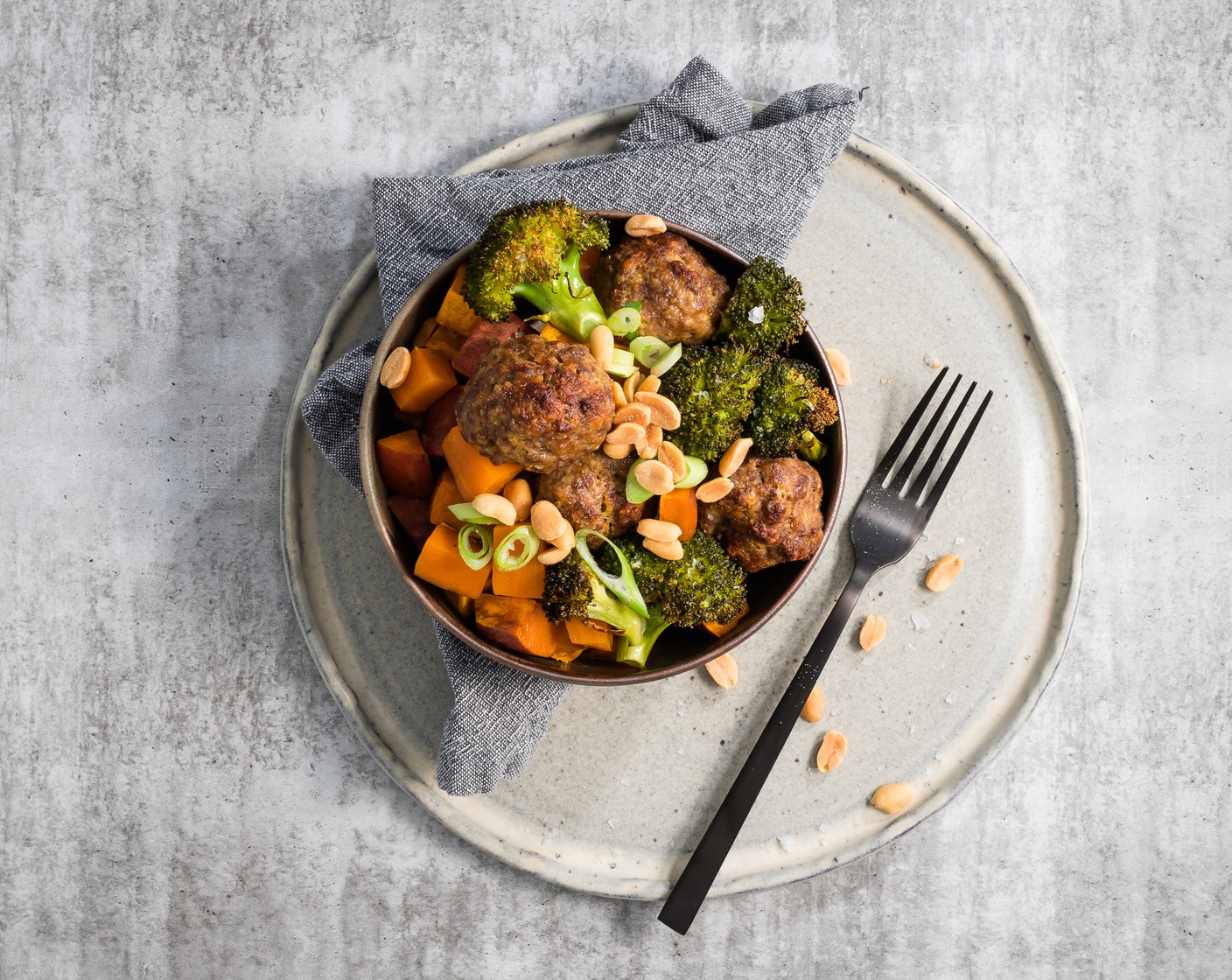 Beef Meatballs with Sweet Potatoes, Broccoli and Ginger Scallion Dressing