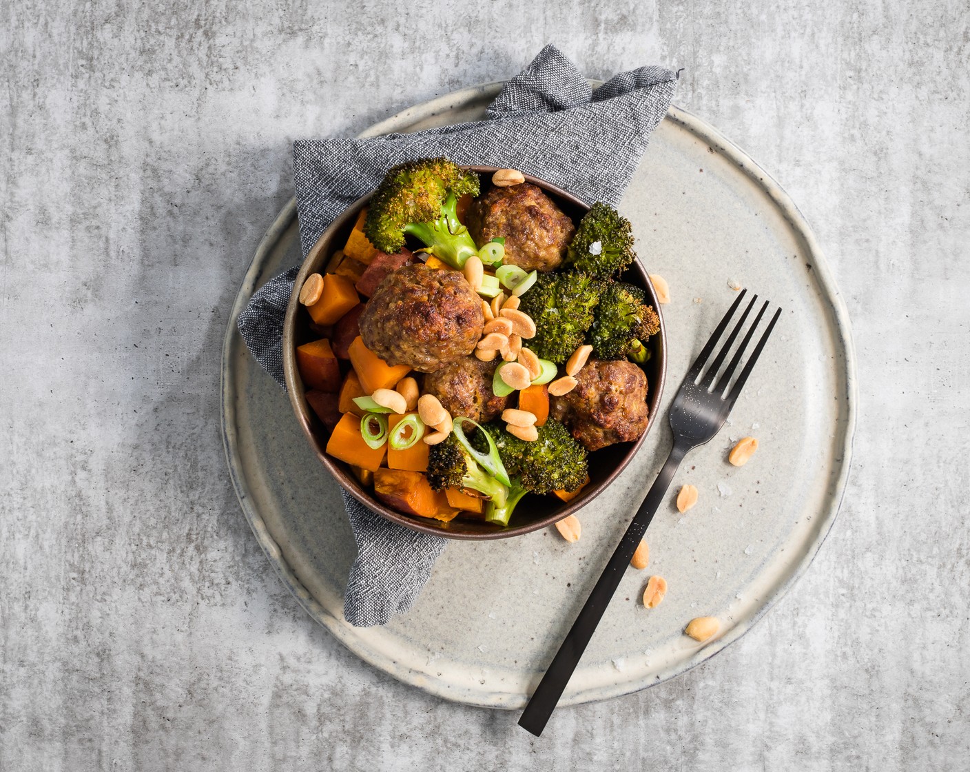 Beef Meatballs with Sweet Potatoes, Broccoli and Ginger Scallion Dressing