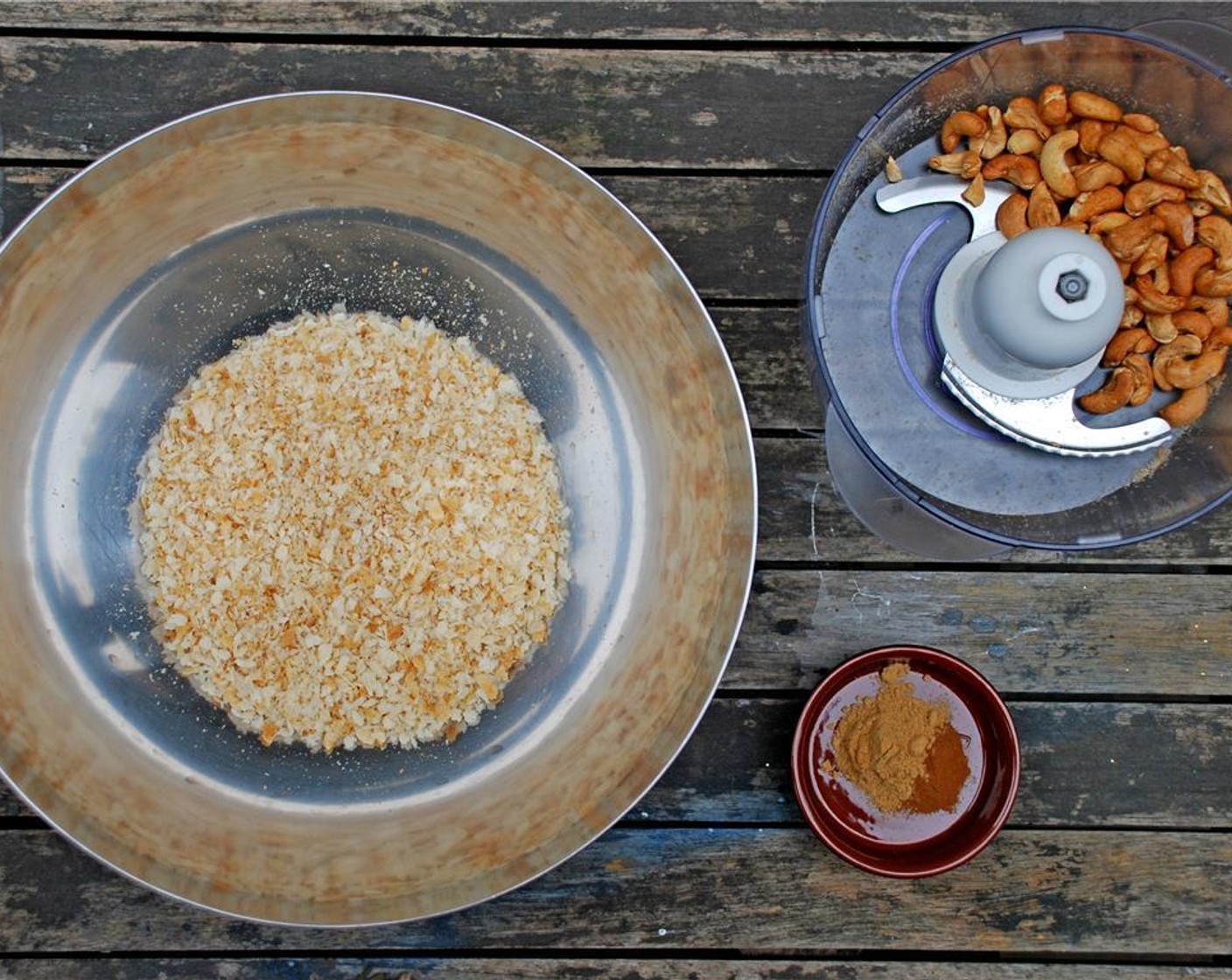 step 11 Place the toasted cashew nuts in a food processor, and blitz until they resemble coarse sand. Transfer to a bowl and combine together with the Breadcrumbs (1 2/3 cups) and Dry Mixed Spice (1 tsp), and Ground Cinnamon (1/2 tsp).