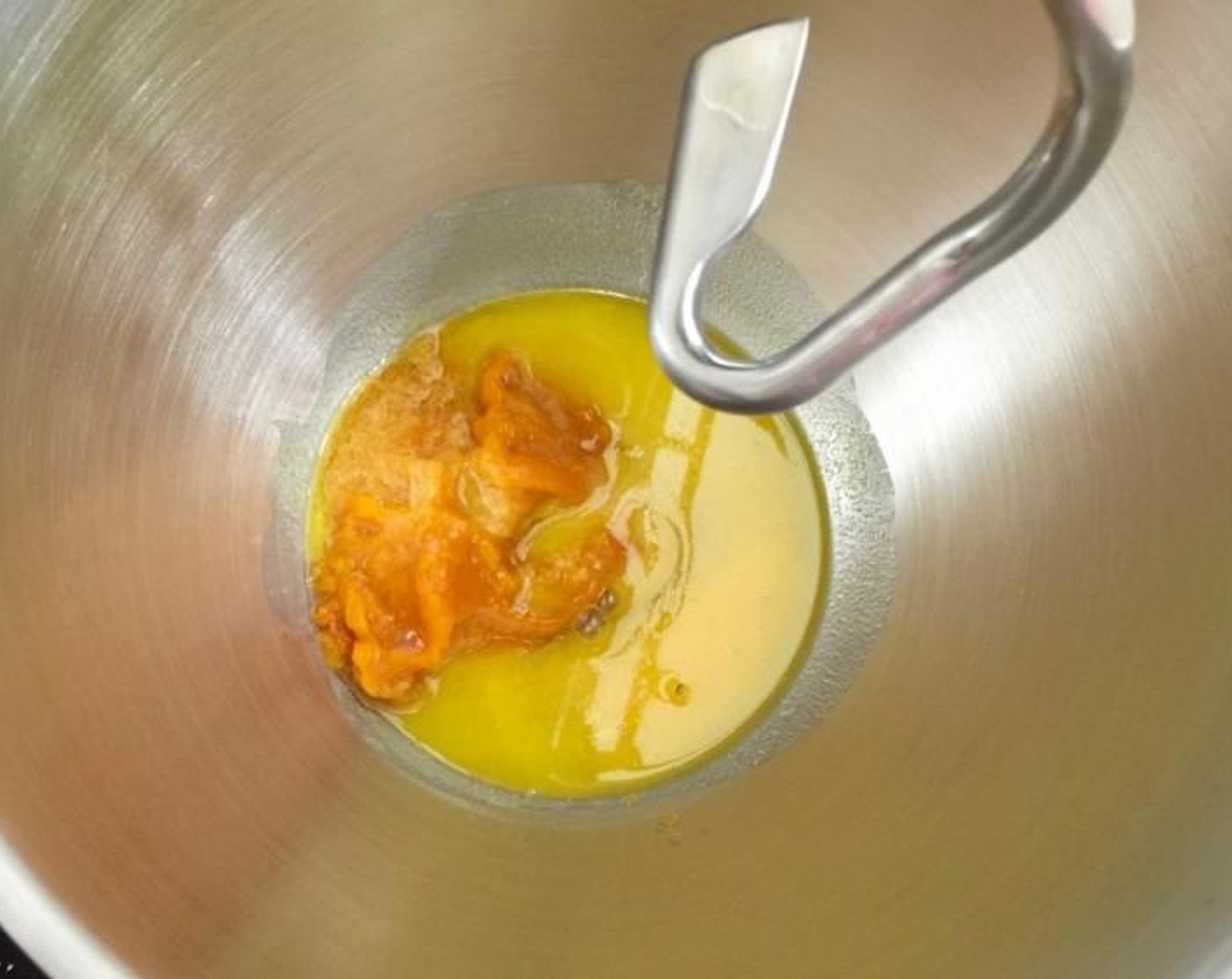 step 3 Then in a large mixing bowl of a stand mixer, add in Canned Pumpkin Purée (1/2 cup), Margarine (2 Tbsp), and Egg (1). Use the dough hook to mix well.