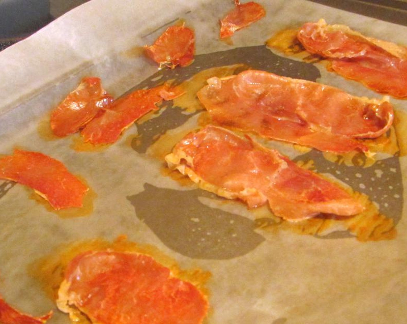 step 3 Remove the prosciutto and place it on a paper towel to cool. Cover the baking sheet with aluminum foil. Add some Olive Oil (as needed) to the baking sheet, and return the baking sheet to the oven.
