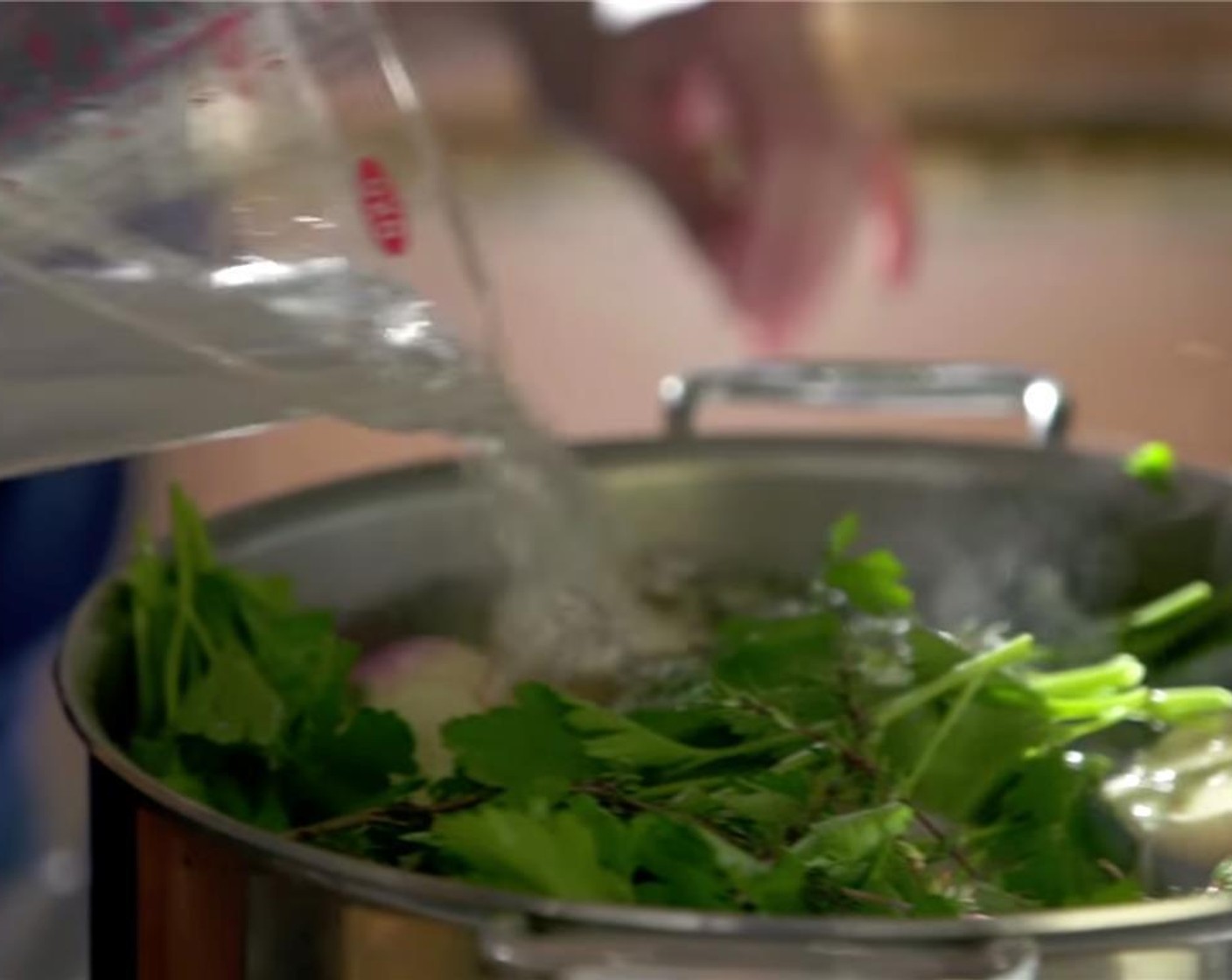 step 4 Add in whole Black Peppercorns (20), Fresh Thyme (1/2 bunch), Fresh Parsley (1/4 bunch), and Bay Leaves (4). Fill with water until all ingredients are covered. Bring to a boil and bring down to a simmer for 2 hours.