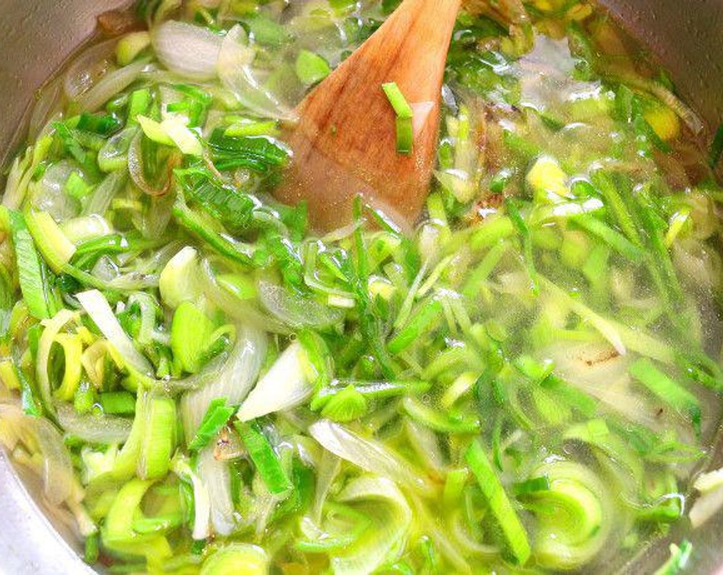 step 3 Add Chicken Stock (2 cups), simmer until leek is soft but not mushy.