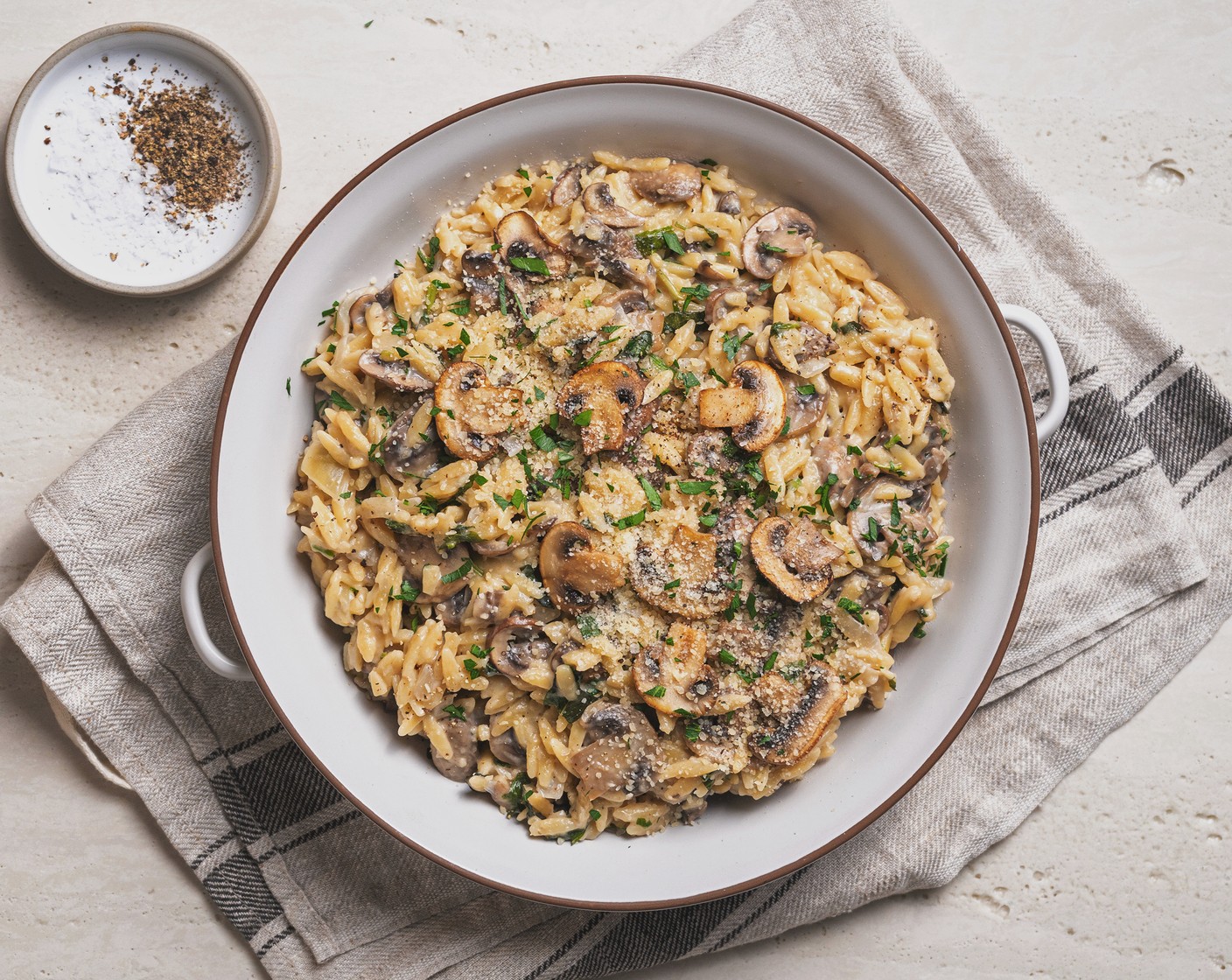 One Pot Creamy Orzo with Mixed Mushrooms
