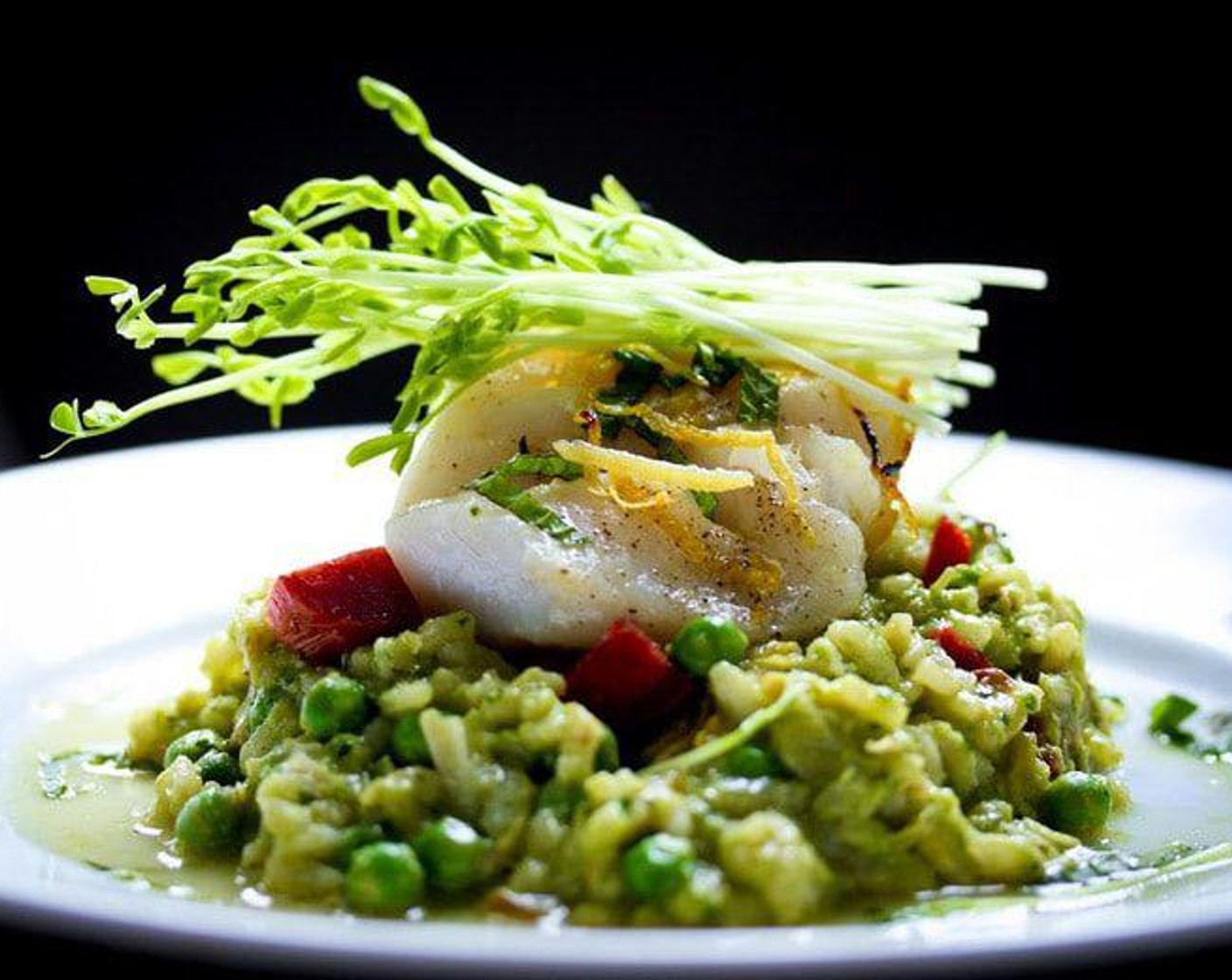 Spring Pea Risotto with Halibut & Spanish Chorizo