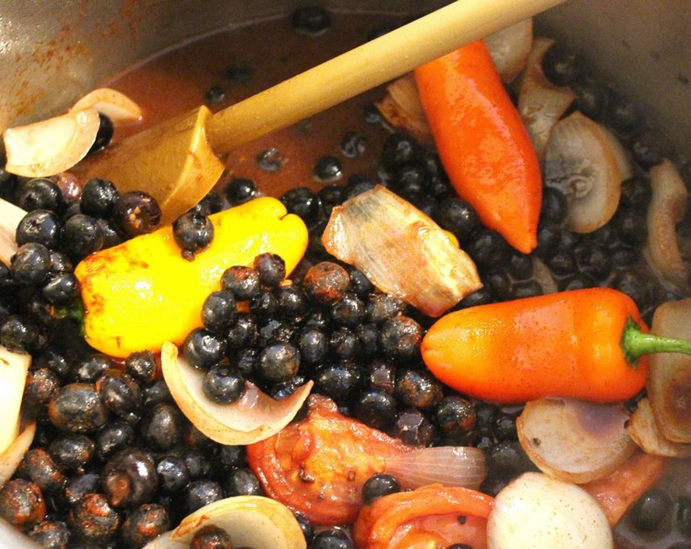 step 5 Add Fresh Blueberries (2 cups), Hungarian Paprika (1 cup), {@12:}, Bay Leaves (4), Whole Cloves (5), Juniper Berries (5), Granulated Sugar (2 Tbsp), {@10:}, Dried Oregano (1 Tbsp), Ground Coriander (1 Tbsp), Ground Cumin (1/2 Tbsp), Ground Black Pepper (1/2 Tbsp) and {@11:}.
