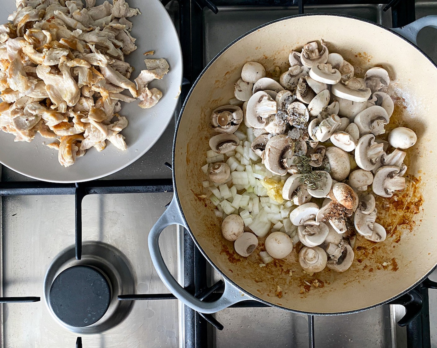 step 4 Add and heat up the Salted Butter (2 Tbsp) and a bit of olive oil. Add the onions, garlic, and mushrooms. Season with Coarse Sea Salt (1 tsp), Freshly Ground Black Pepper (1 tsp), Dried Rosemary (1 tsp), and Ground Nutmeg (1/2 tsp), and sauté until browned and softened.