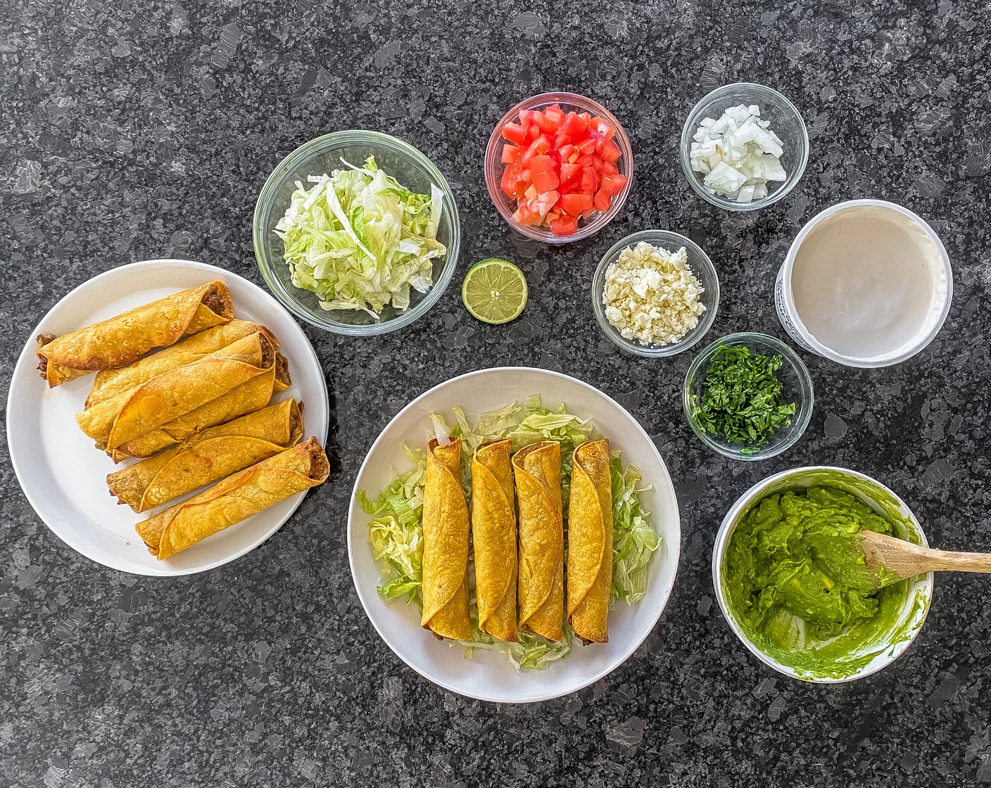 step 7 Arrange the rolled tacos on a serving dish and garnish with Queso Fresco (to taste), Tomatoes (to taste), Shredded Iceberg Lettuce (to taste), Mexican Crema (to taste), or your favorite toppings.