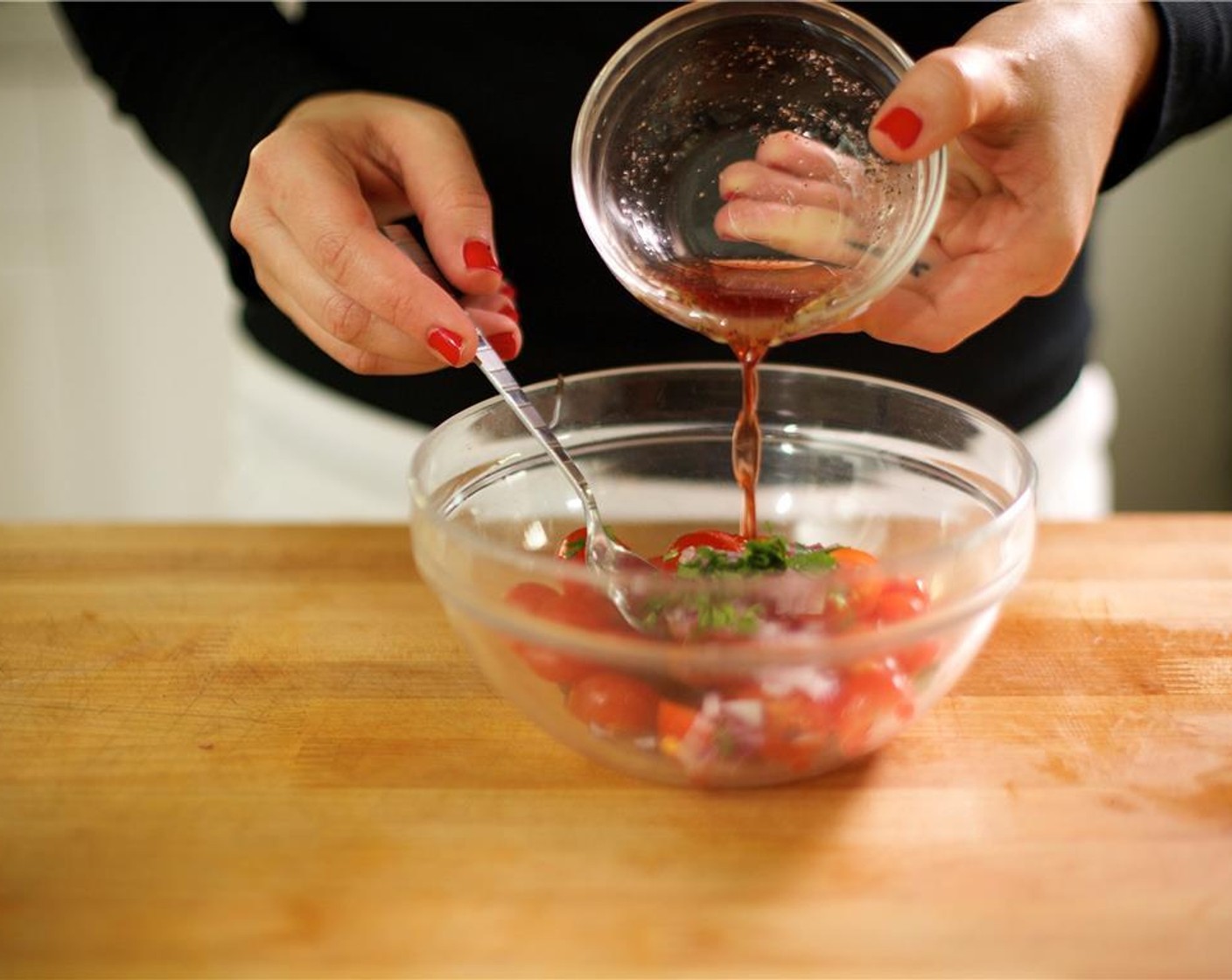 step 3 In another small bowl, whisk together the Red Wine Vinegar (1 1/2 Tbsp), 1 tablespoon of olive oil, 1/2 teaspoon of salt and 1/4 teaspoon of pepper. Add to the bowl with the cherry tomatoes and toss to combine; set aside.