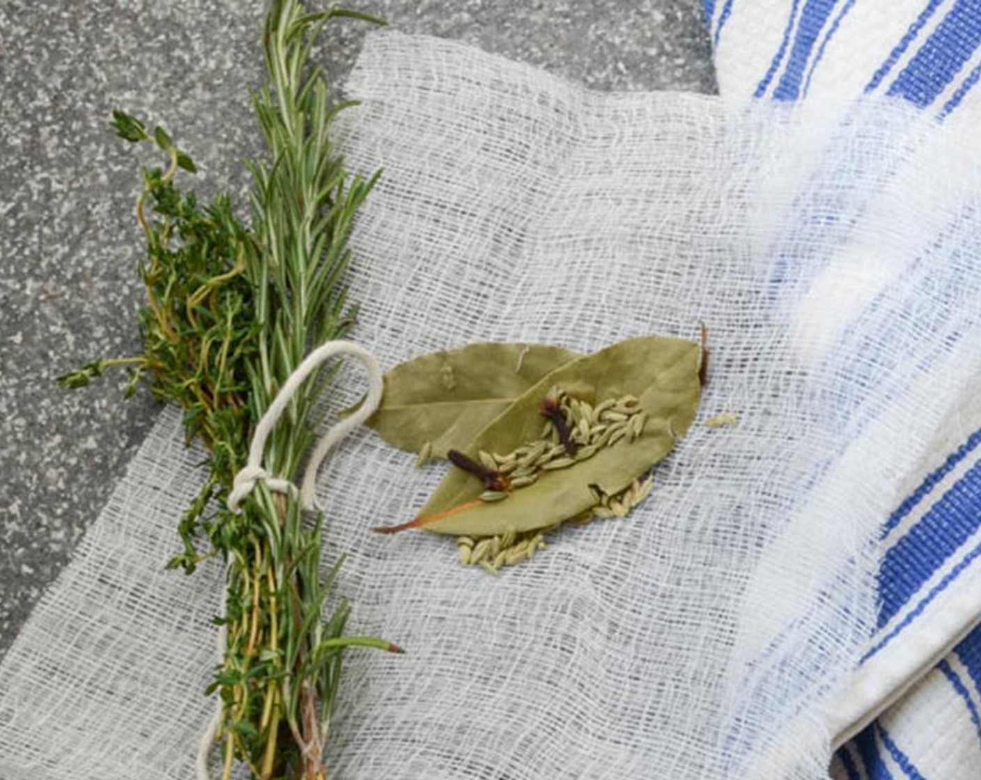 step 1 Preheat oven to 325 degrees F (160 degrees C). Place Whole Cloves (2), Bay Leaves (2) and Fennel Seeds (1 tsp) on a piece of cheese cloth. Tie into a little pouch with a piece of kitchen string. Tie Fresh Thyme (4 sprigs) and fresh Fresh Rosemary (1 sprig) with a piece of kitchen string too. Set aside.
