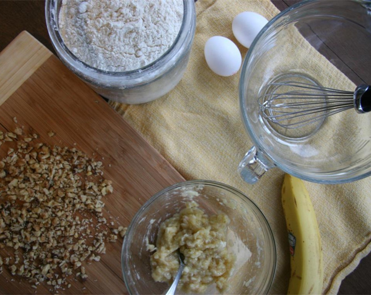step 2 Add the All-Purpose Flour (2 cups), Granulated Sugar (1 Tbsp), Baking Powder (1 Tbsp), and Salt (1/4 tsp) to banana mixture and stir until incorporated.