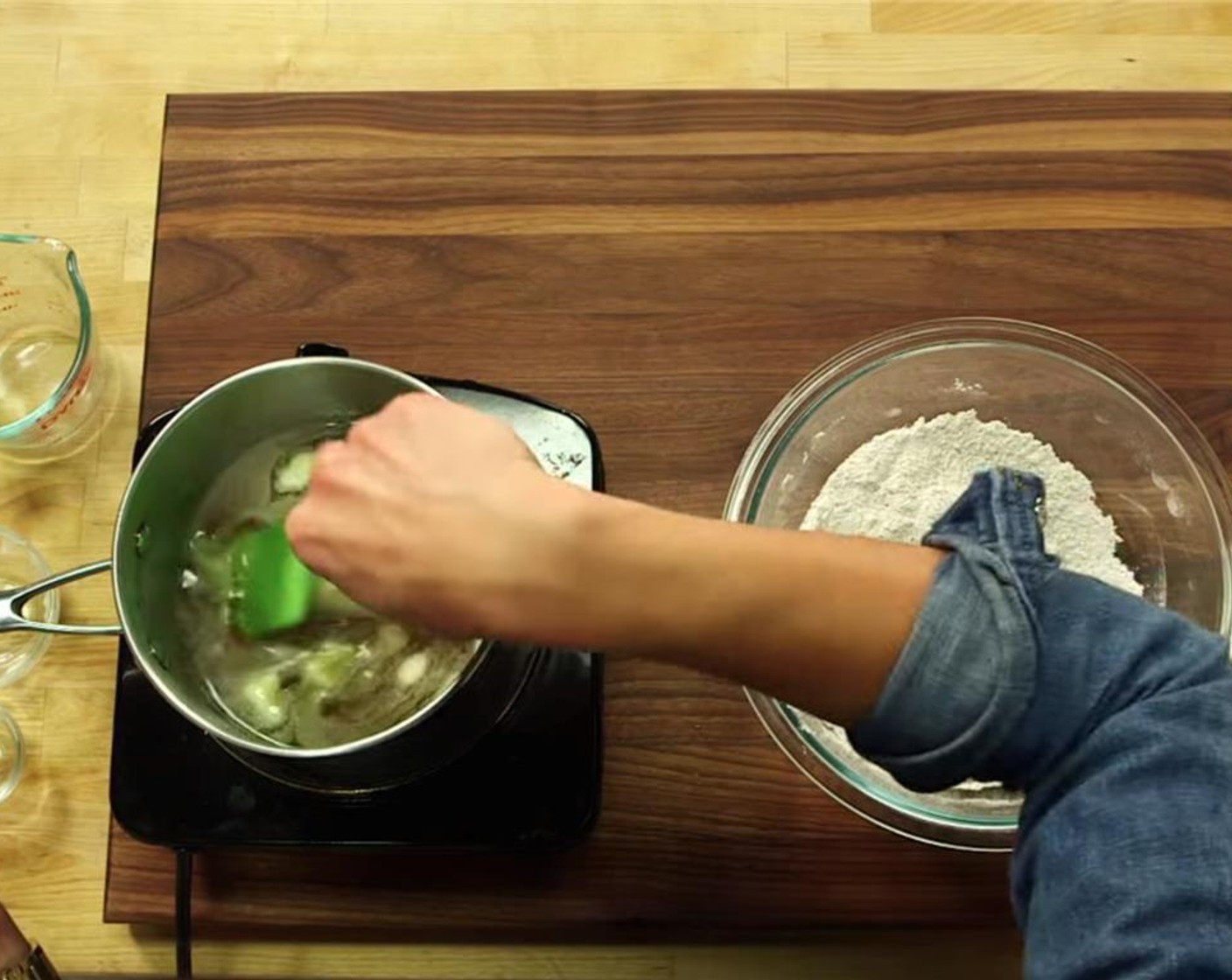 step 3 In a heavy-bottomed sauce pot, bring Water (1 cup), Butter (3 Tbsp), Brown Sugar (2 Tbsp) and Salt (1/4 tsp) to a boil.