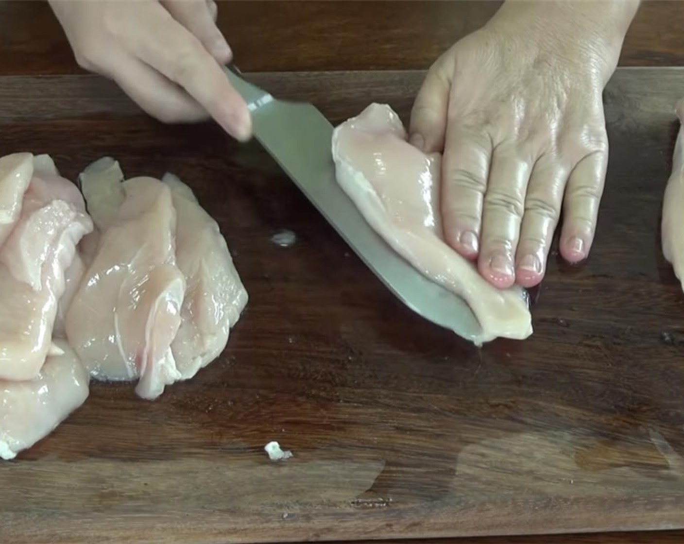step 1 Rinse and pat dry the Boneless, Skinless Chicken Breasts (4). Butterfly each breast by cutting through the thickest part of the middle with a very sharp knife and making two fillets out of each one.