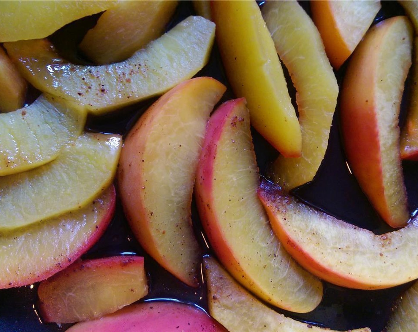 step 2 Slice Peaches (2) and place into a skillet. Sprinkle Granulated Sugar (1 Tbsp) and Ground Nutmeg (1/4 tsp) over peaches and cook on medium for 5 minutes.