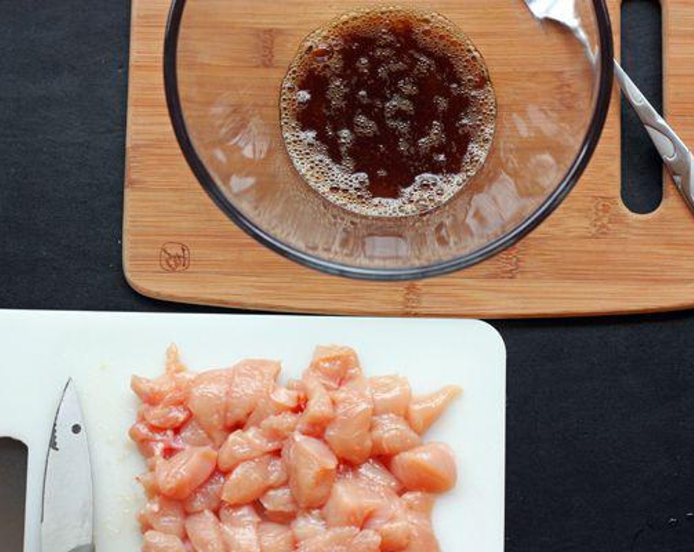 step 3 Cut the Boneless, Skinless Chicken Breasts (8 oz) into one-inch cubes and add to the marinade, mixing well. Set aside for at least 10 minutes while you prepare the sauce.