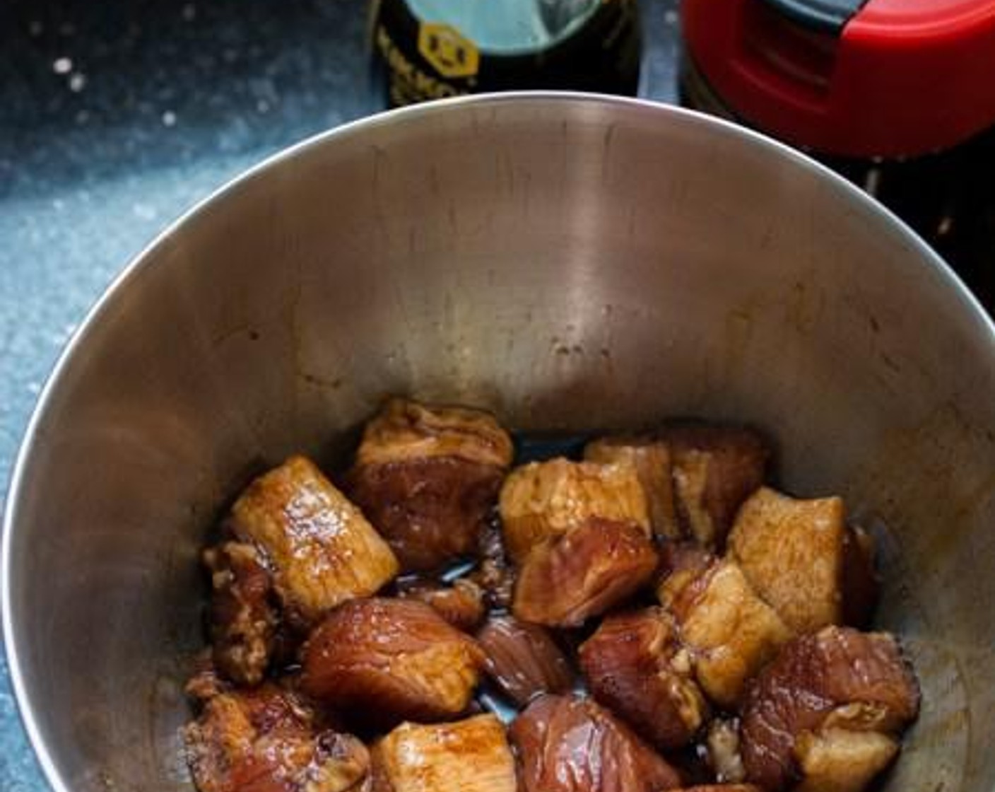 step 1 Marinate Pork Belly (1 lb) in Granulated Sugar (2 Tbsp), Soy Sauce (1 Tbsp), and Dark Soy Sauce (1 tsp).