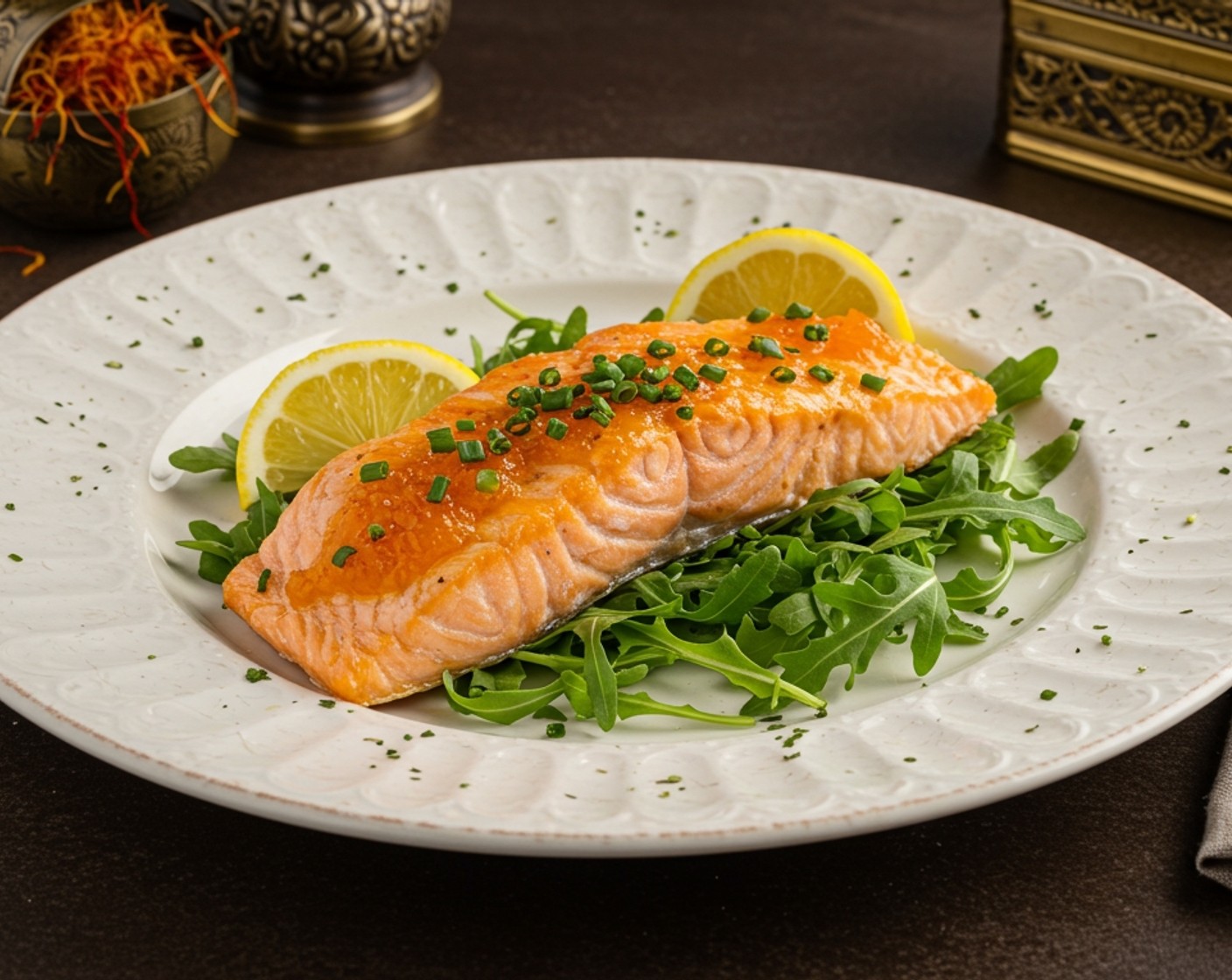 step 13 Add some Arugula (to taste) to a plate, place the salmon fillets on top, then spoon the saffron dijon sauce over the fillets. Garnish with Lemons (to taste) and Fresh Chives (to taste). Serve and enjoy!
