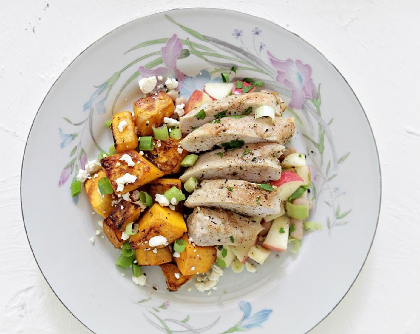 step 8 Serve chicken breasts with white bean and apple salsa along with a side of sauteed butternut squash and feta. Enjoy!