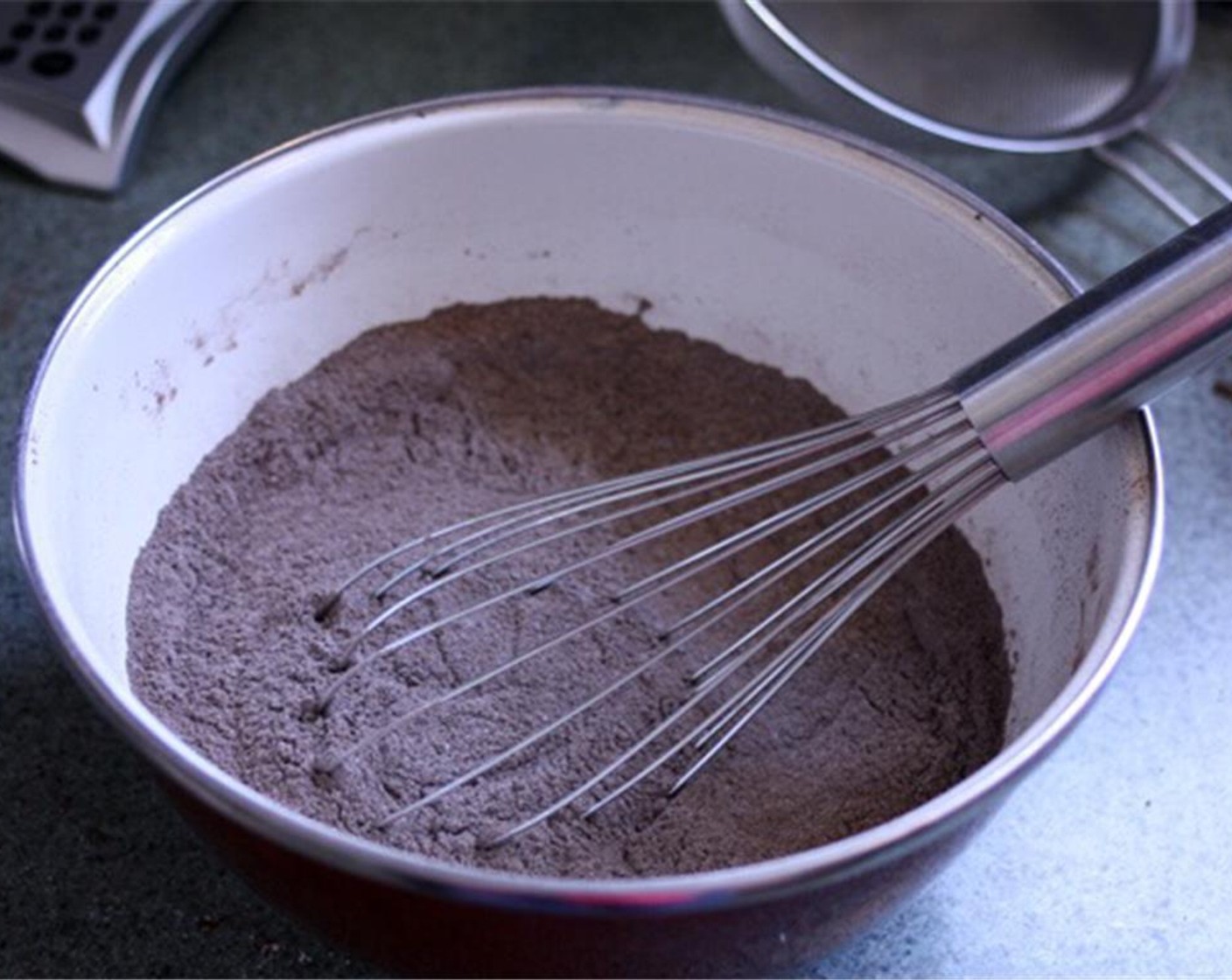 step 3 Sift the All-Purpose Flour (1 cup), Dutch Processed Cocoa Powder (3/4 cup), Granulated Sugar (1 1/2 cups), Baking Powder (3/4 tsp) and Salt (3/4 tsp) together into a medium bowl. Whisk well to combine and set aside.
