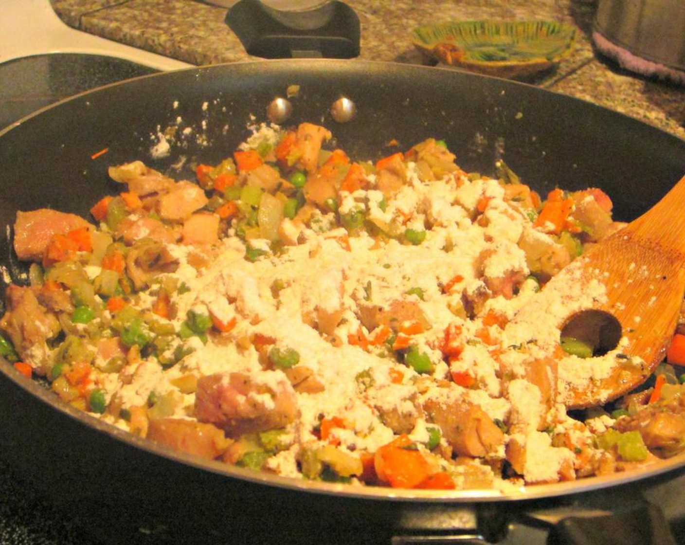 step 3 Add diced Celery (1/2 cup), Frozen Green Peas (1/2 cup), and Chicken Breasts (3 cups) and cook for 3 to 4 minutes more, stirring frequently.