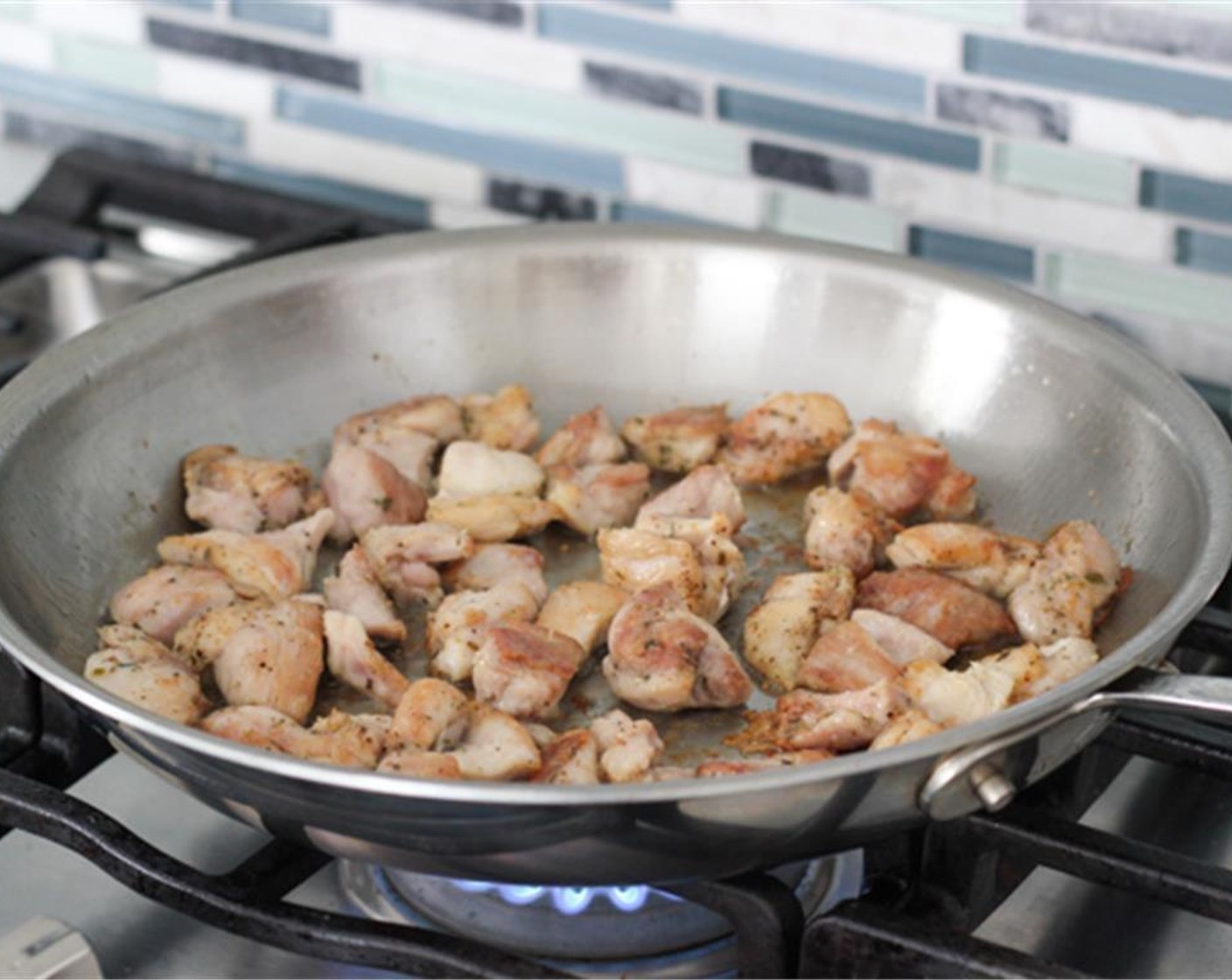 step 1 In large skillet, heat Oil (1 Tbsp) until shimmering. Add the Boneless, Skinless Chicken Thigh (1 lb) with Salt (to taste) and ground Ground Black Pepper (to taste) Cook on medium high until golden, 5 to 7 minutes. Set chicken aside, leaving oil in pan.