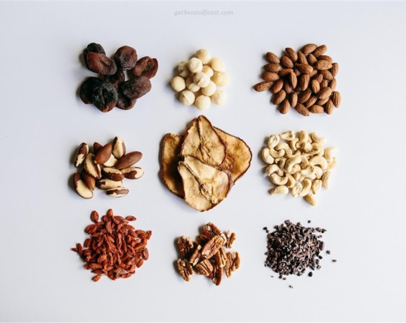 step 1 Mix together equal quantities of Dried Pears (1 handful) and Dried Turkish Apricots (1 handful). Add equal quantities of Roasted Almonds (1 handful), Raw Macadamia Nuts (1 handful), Raw Cashews (1 handful), Raw Brazil Nuts (1 handful), and Pecans (1 handful).