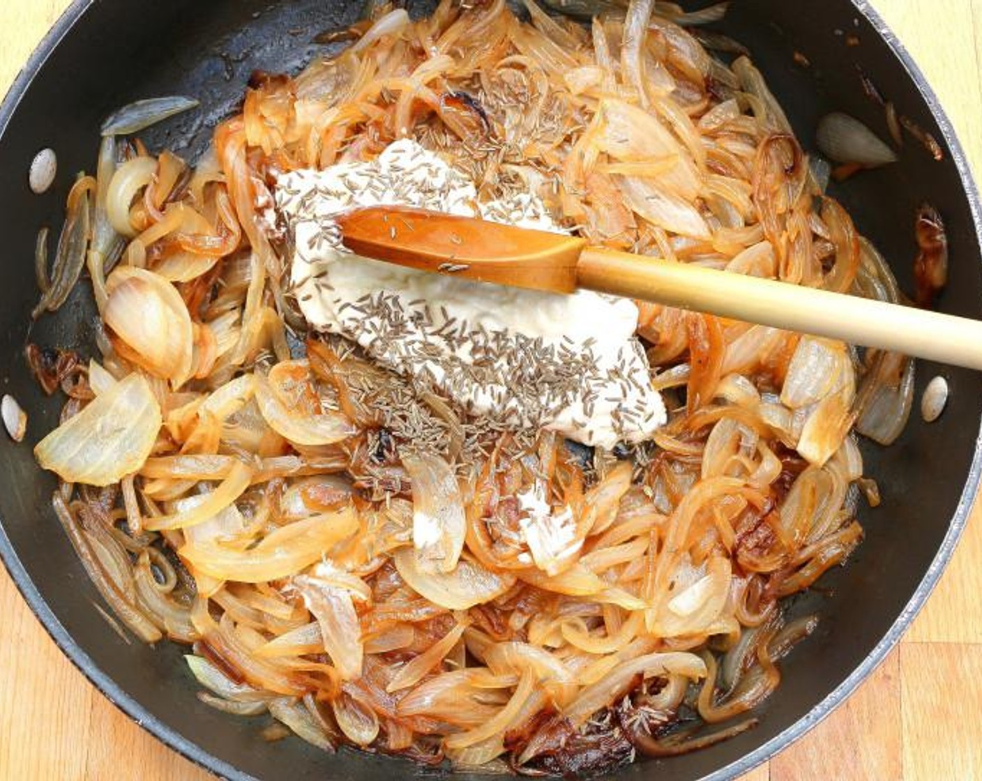 step 2 In another pan, mix Crème Fraîche (1 cup), Eggs (2) and Caraway Seeds (1 tsp). Adjust seasoning as necessary. Let cool to room-temperature.