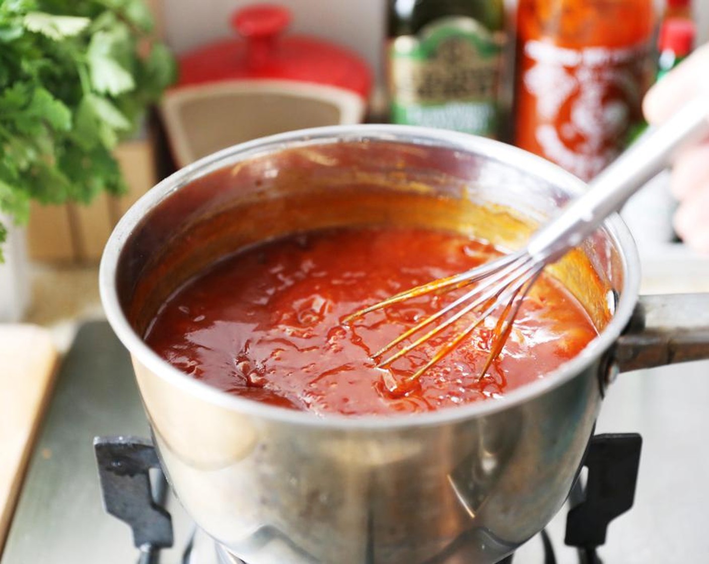 step 1 Place Granulated Sugar (2 1/4 cups), 1 1/4 cup juice from Limes (10 1/2), Chung Jung One® Gochujang Korean Chili Sauce (2 cups), Fish Sauce (1 1/4 cups), Garlic (2 1/3 Tbsp), Fresh Ginger (3 1/3 Tbsp) and Corn Starch (1/2 cup) in a pot.