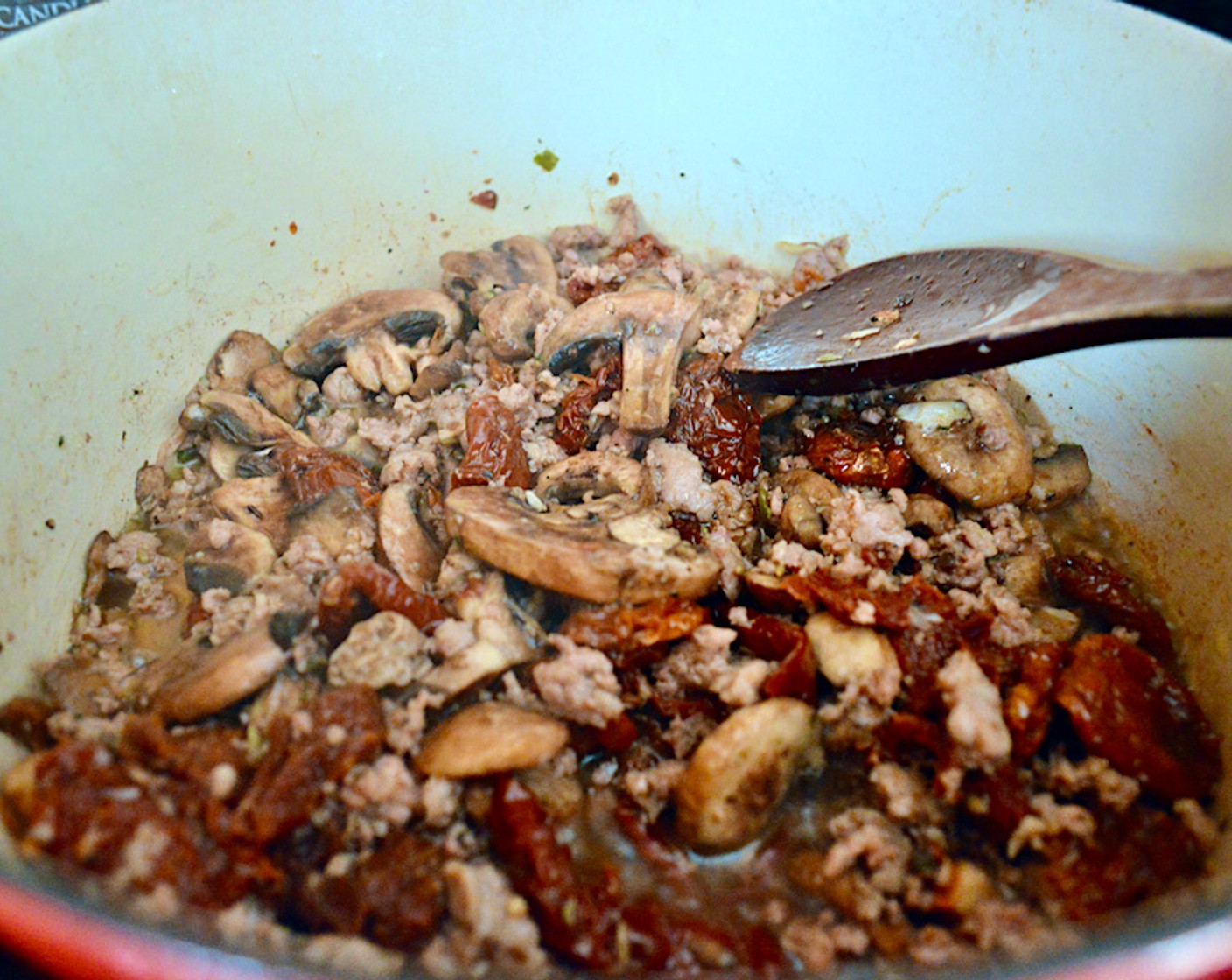 step 3 Pour in the Red Wine (3 Tbsp) and let it cook off for another 5 minutes or so. While it all cooks together, season it to taste with Salt (2 pinches) and Crushed Red Pepper Flakes (2 pinches).