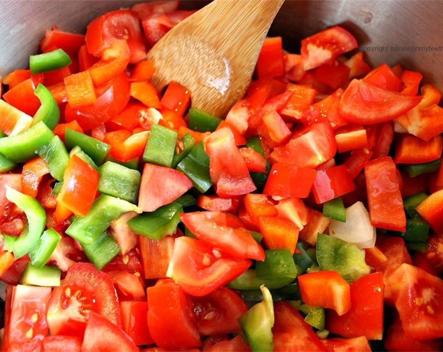 step 3 Add Green Bell Pepper (1), Red Bell Pepper (1), and Tomatoes (4). Stir then cover and let cook over medium heat for 5 minutes.