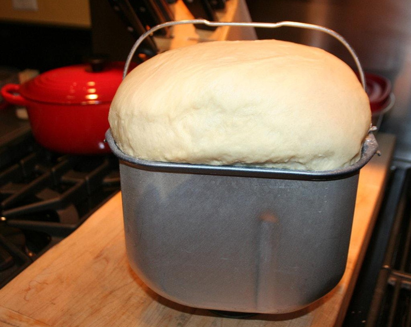 step 2 Place all gathered ingredients in the bread machine according to your machine directions. Turn on the dough setting and let it complete it's cycle. Let it rest in the machine another 30 minutes. Until the dough is almost coming out of the bowl.