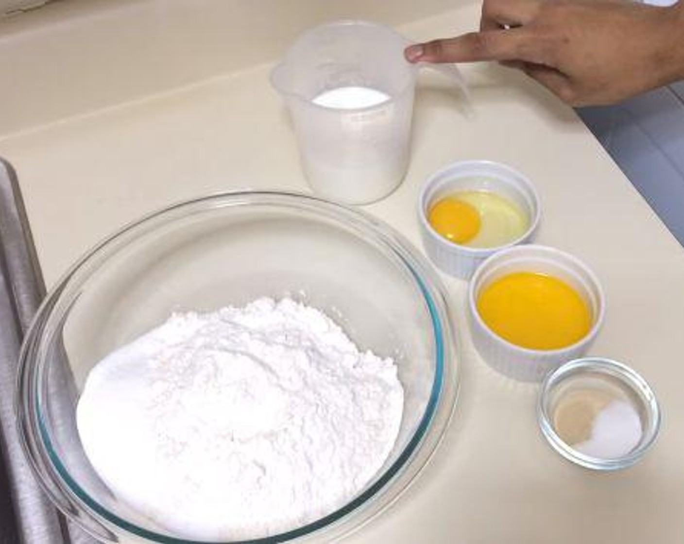 step 1 In a large mixing bowl, add All-Purpose Flour (3 1/3 cups), Granulated Sugar (4 Tbsp) and Salt (1 tsp). Warm the Whole Milk (1 cup) to around 115 degrees C and melt the Butter (4 Tbsp).