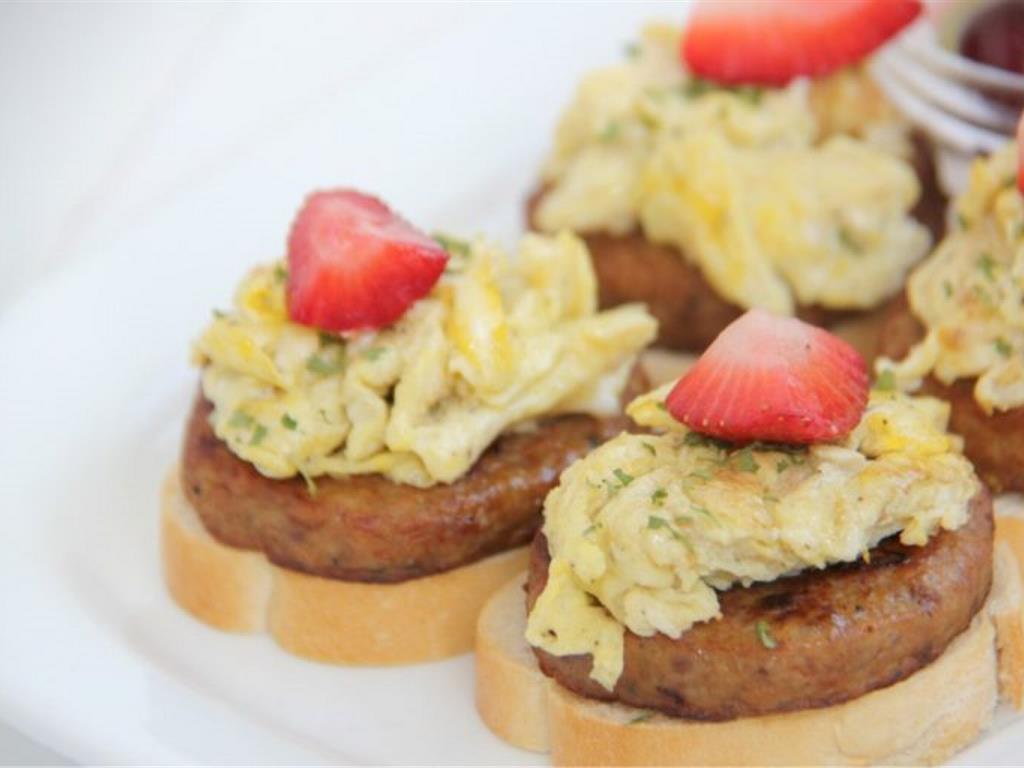 Step 7 of Sausage and Egg Breakfast Stacks Recipe: Feel free to add other fun foods to put on top of the stack like strawberries, tomatoes, or sliced avocados. Enjoy!