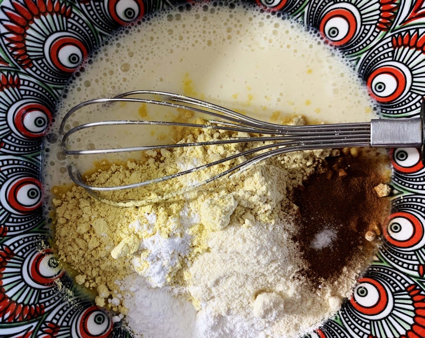 step 3 Add the Lupin Bean Flour (2 2/3 Tbsp), Soy Flour (1/3 cup), Coconut Flour (1 1/3 Tbsp), Simply Organic Cinnamon, Ground (1 Tbsp), Baking Powder (1 Tbsp), and Salt (1 pinch) and stir to combine. The batter will be quite runny, don’t worry, that’s how it is supposed to be.