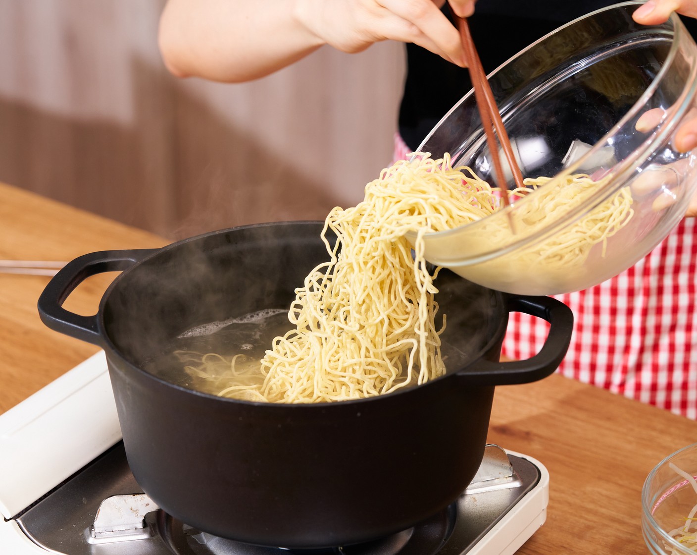 step 1 Cook Chinese Noodles (12 oz) 1 minute less than the package direction. Scoop the noodles into a bowl, and drizzle with Canola Oil (2 Tbsp). Use tongs or chopsticks to pick up noodles and loosen them apart as they cool down.