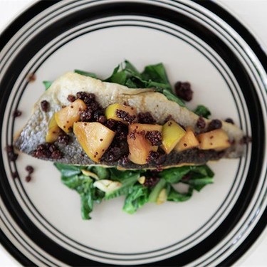 Trout Filet with Apple Mostardo and Collard Greens Recipe | SideChef
