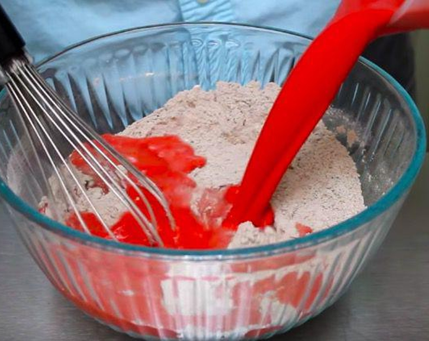 step 1 In a large bowl, whisk All-Purpose Flour (125 g), Unsweetened Cocoa Powder (2 Tbsp), Caster Sugar (4 Tbsp), Salt (1/4 tsp). Add red food color into Whole Milk (480 mL) and add it into the dry ingredient with Large Eggs (4) and Vanilla Extract (2 tsp) and mix it well together.