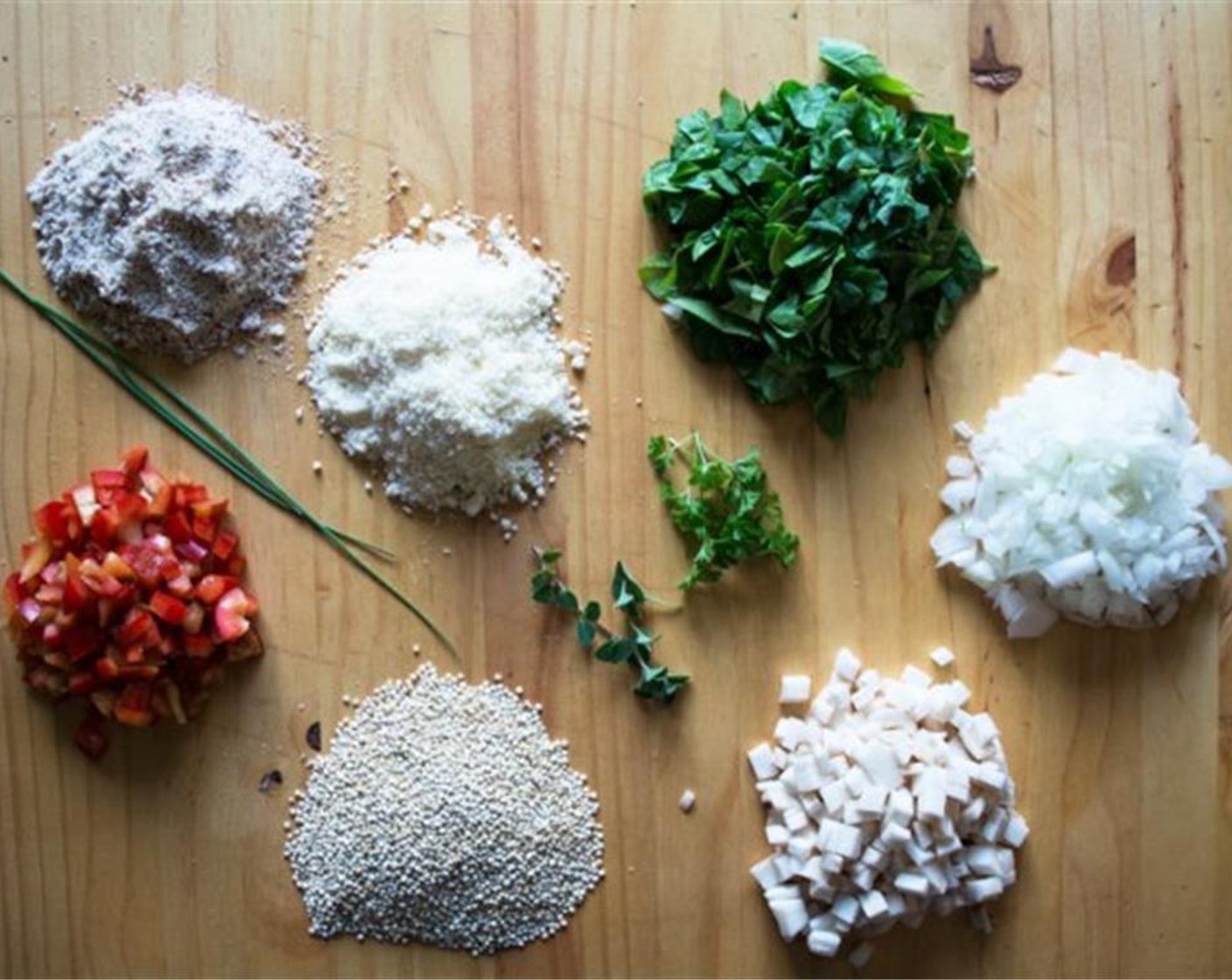step 2 Cook the Quinoa (1/2 cup) per package's instructions. Finely dice the Red Bell Pepper (1/2) and Sweet Onion (1/2). Peel and chop the Eggplant (1 cup). Grate the Parmesan Cheese (4 Tbsp).